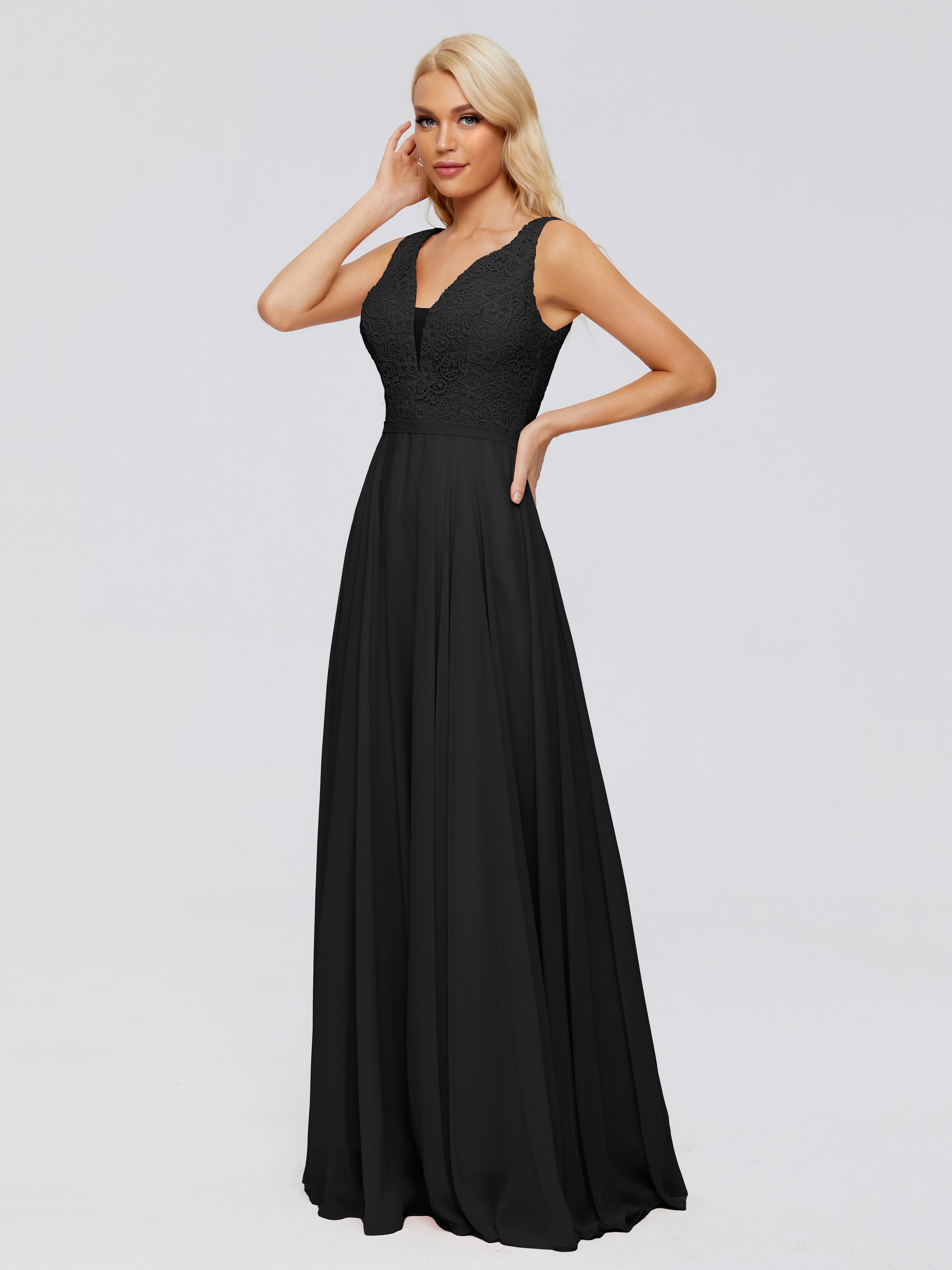 Robe Noir Demoiselle D Honneur Trapèze Col V Bretelle Mousseline Robes Demoiselle D'Honneur