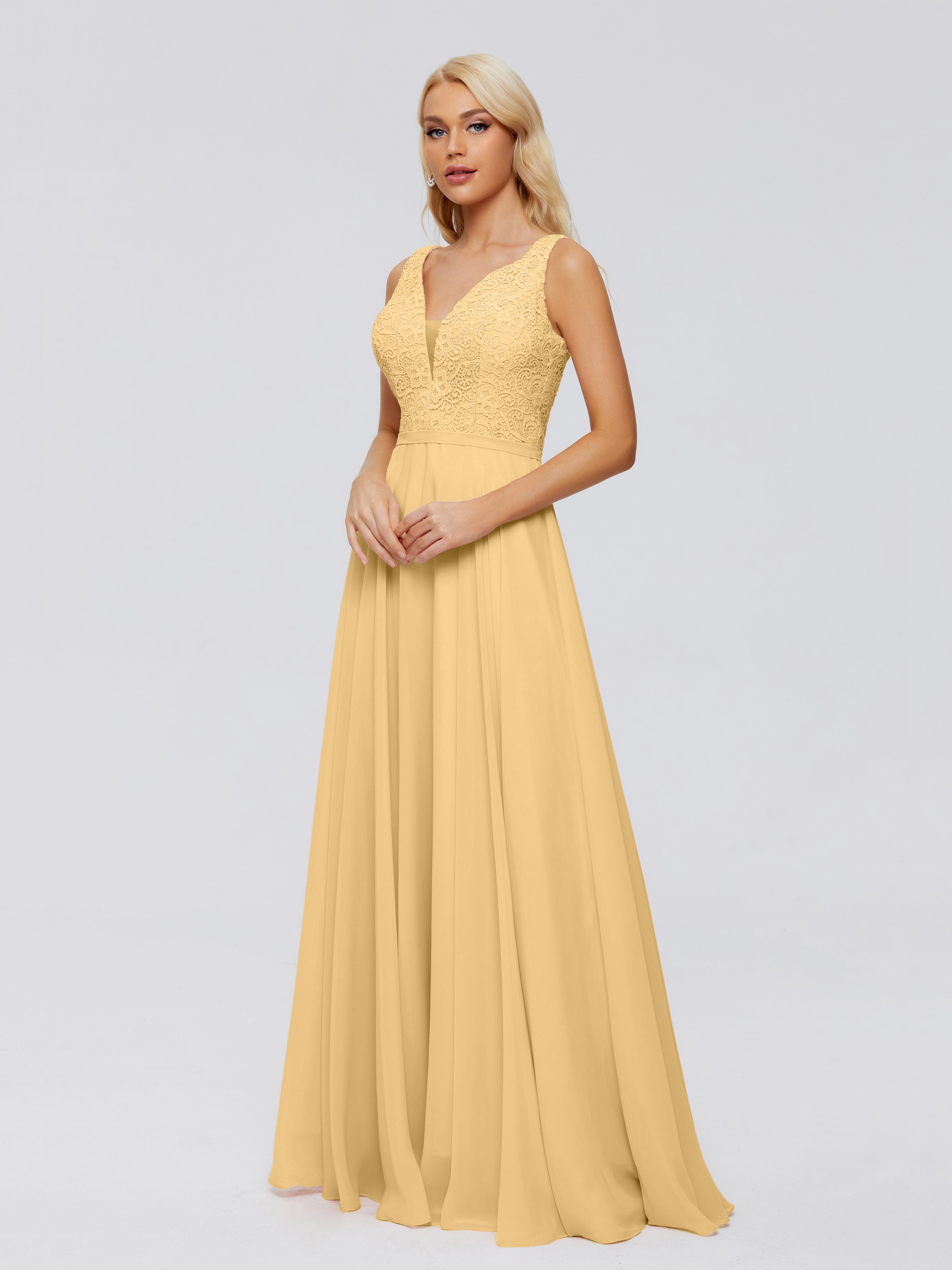 Robe Dorée Mariage Demoiselle D Honneur Trapèze Col V Bretelle Mousseline Robes Demoiselle D'Honneur