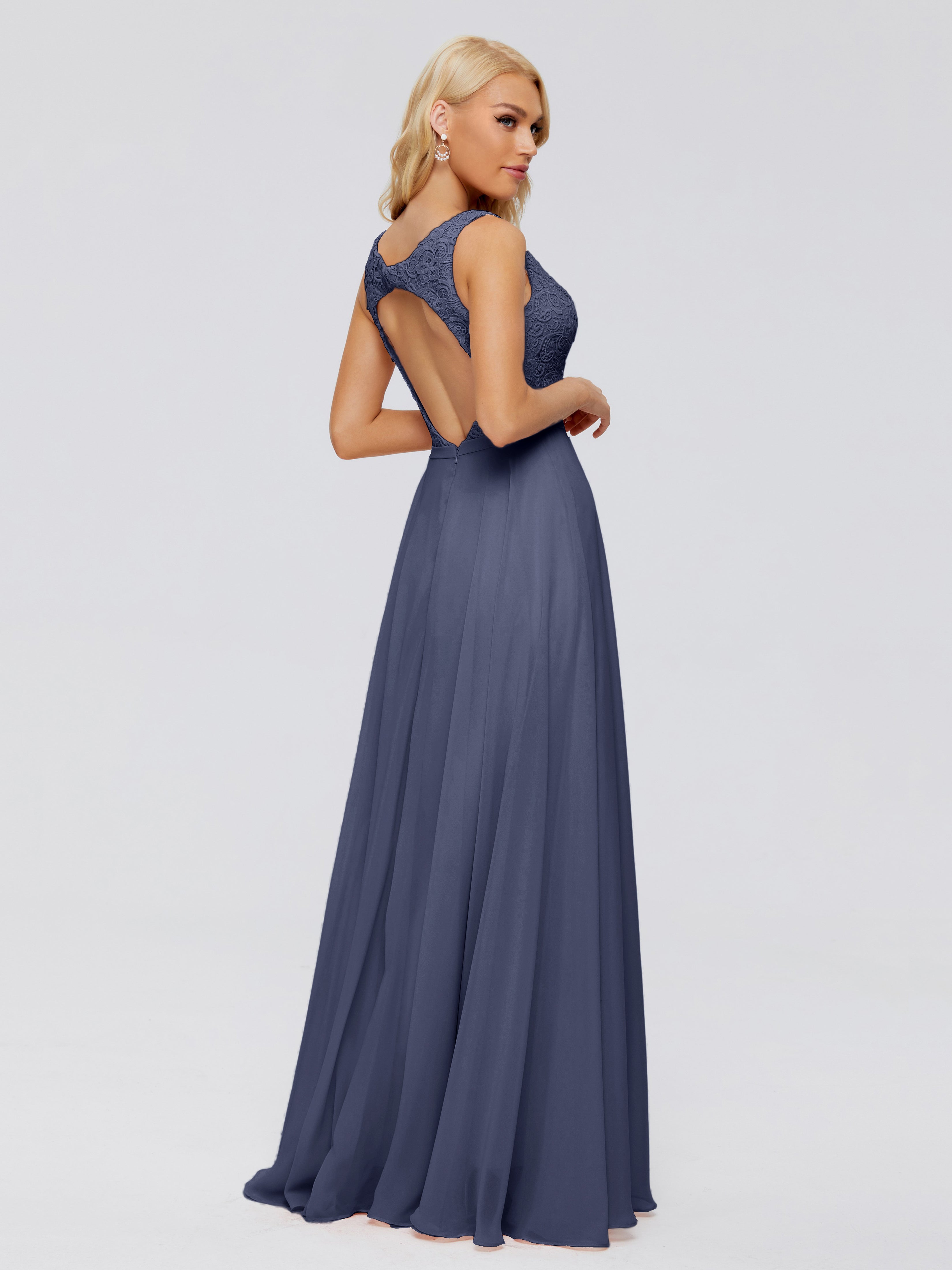 Robes De Demoiselle D'Honneur Bleu Orageux Trapèze Col V Bretelle Mousseline Robes Demoiselle D'Honneur