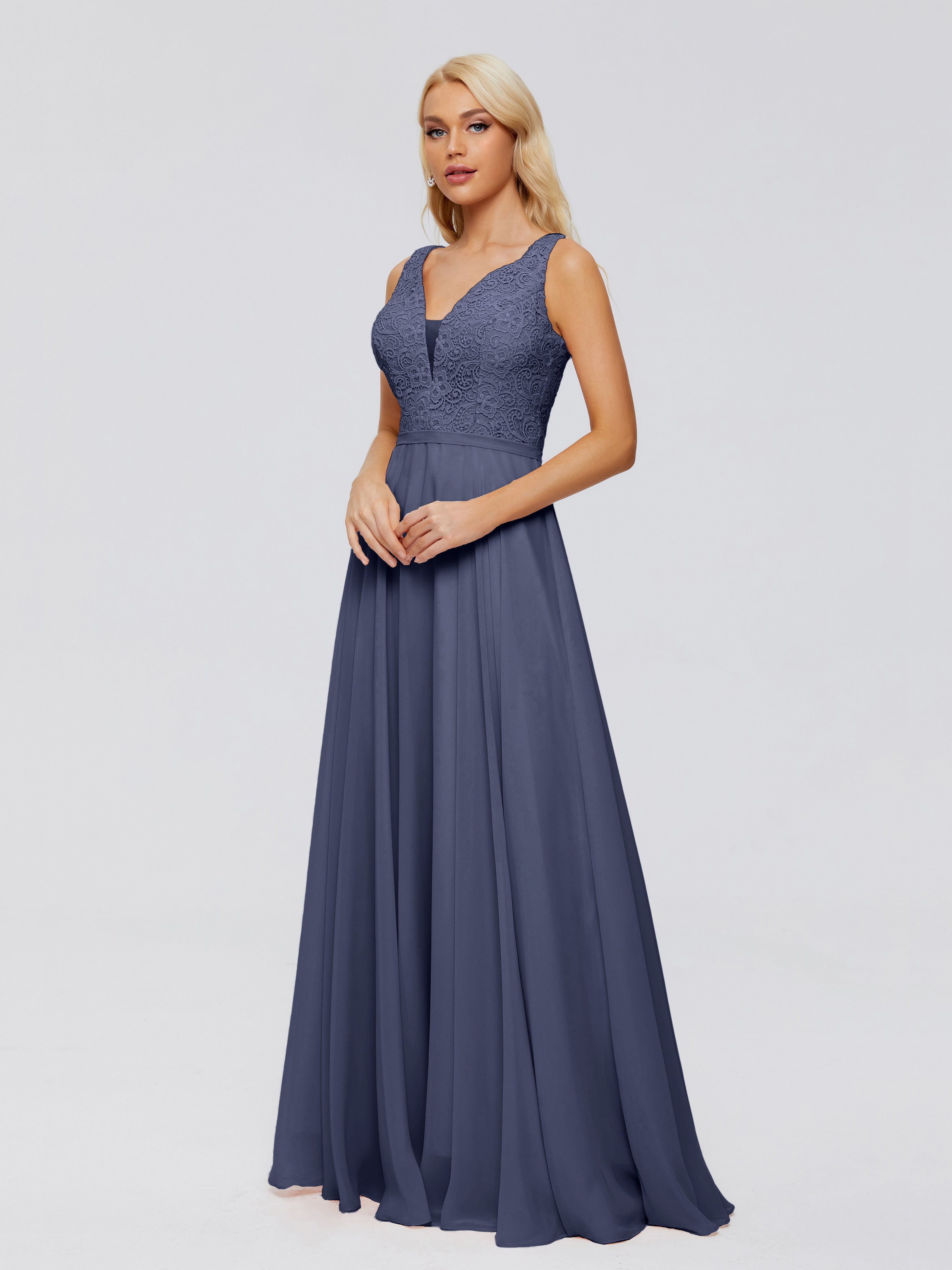 Robes De Demoiselle D'Honneur Bleu Orageux Trapèze Col V Bretelle Mousseline Robes Demoiselle D'Honneur