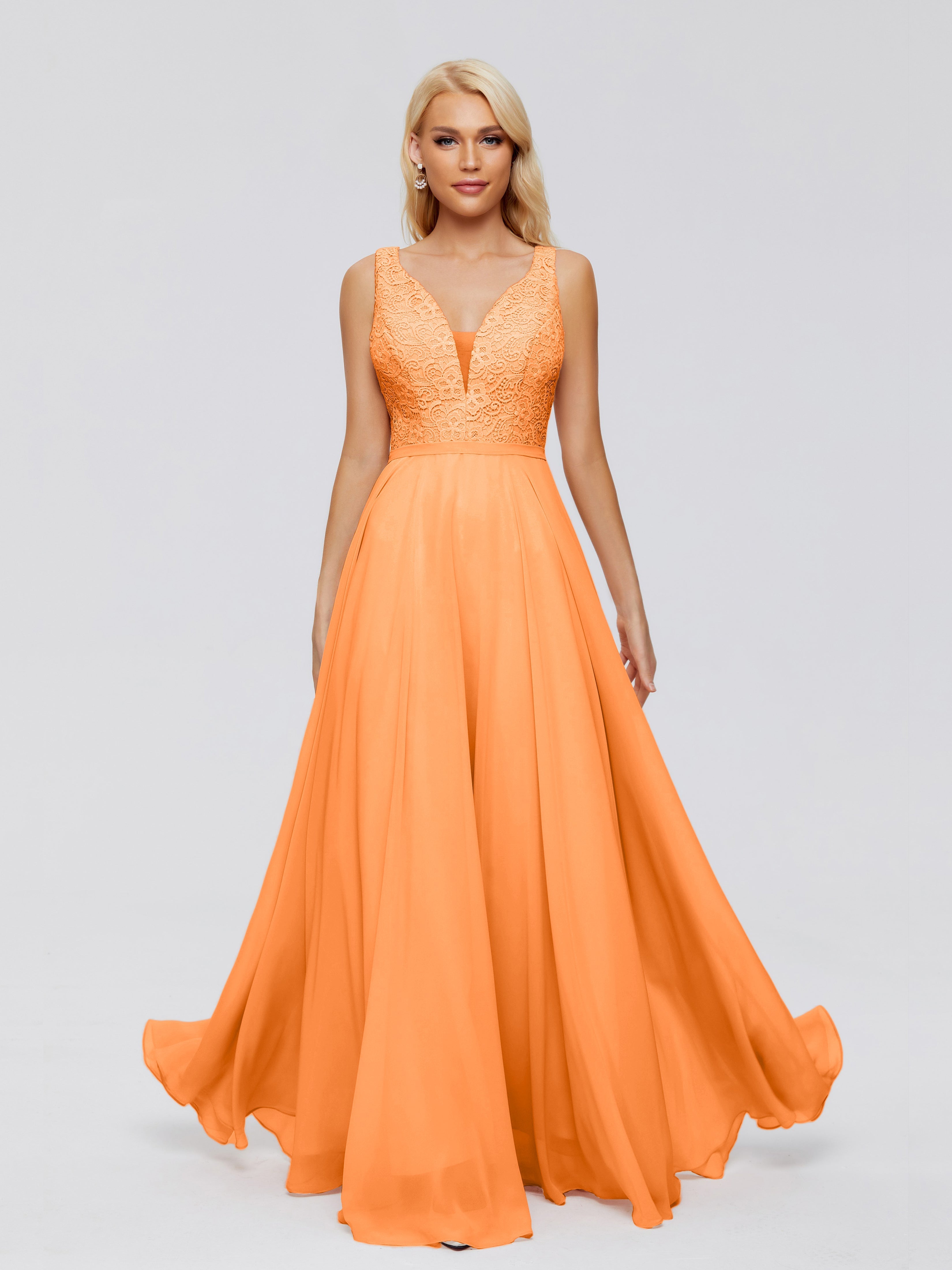 Demoiselle Dhonneur Robe Orange Trapèze Col V Bretelle Mousseline Robes Demoiselle D'Honneur