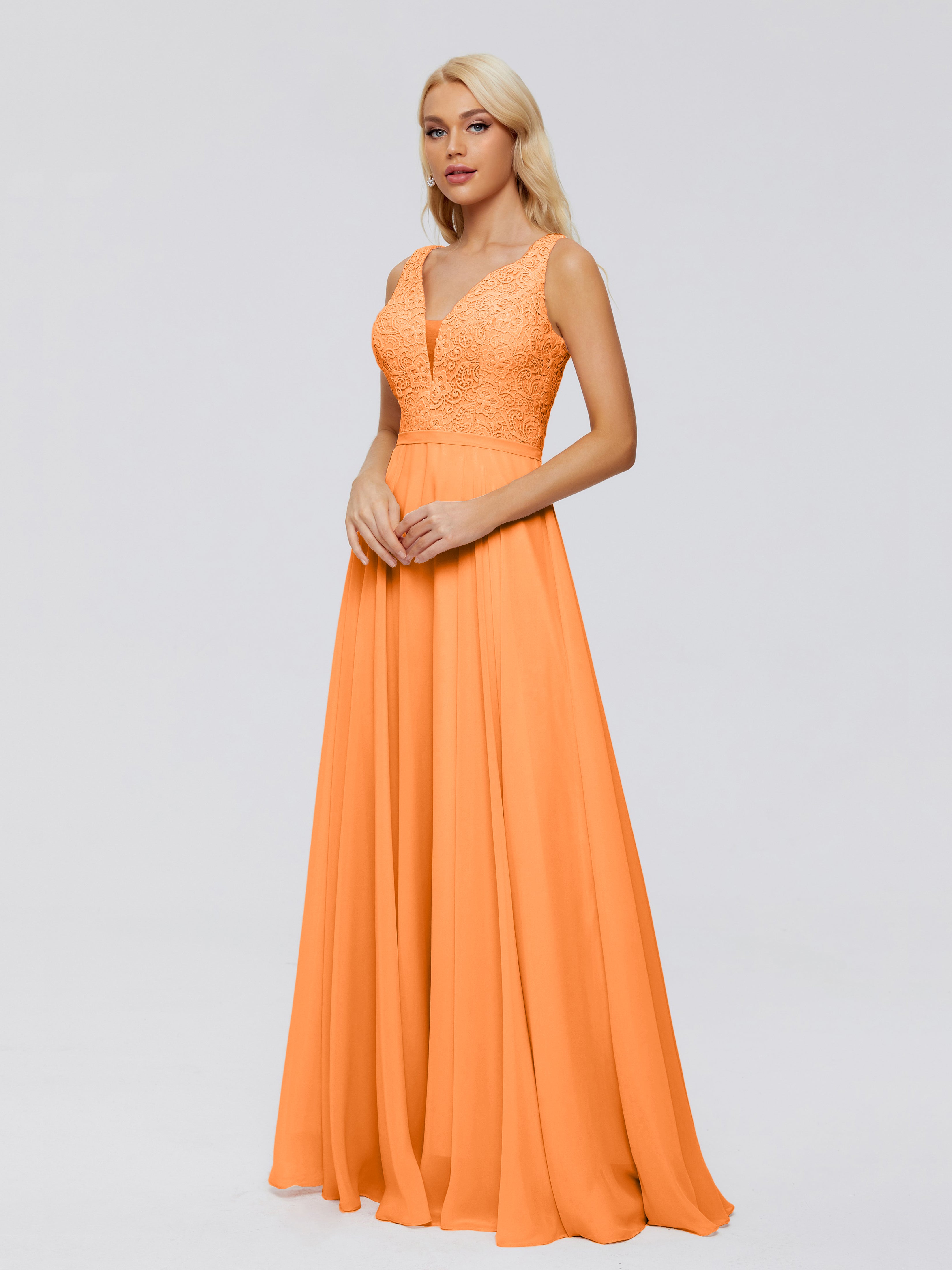 Demoiselle Dhonneur Robe Orange Trapèze Col V Bretelle Mousseline Robes Demoiselle D'Honneur