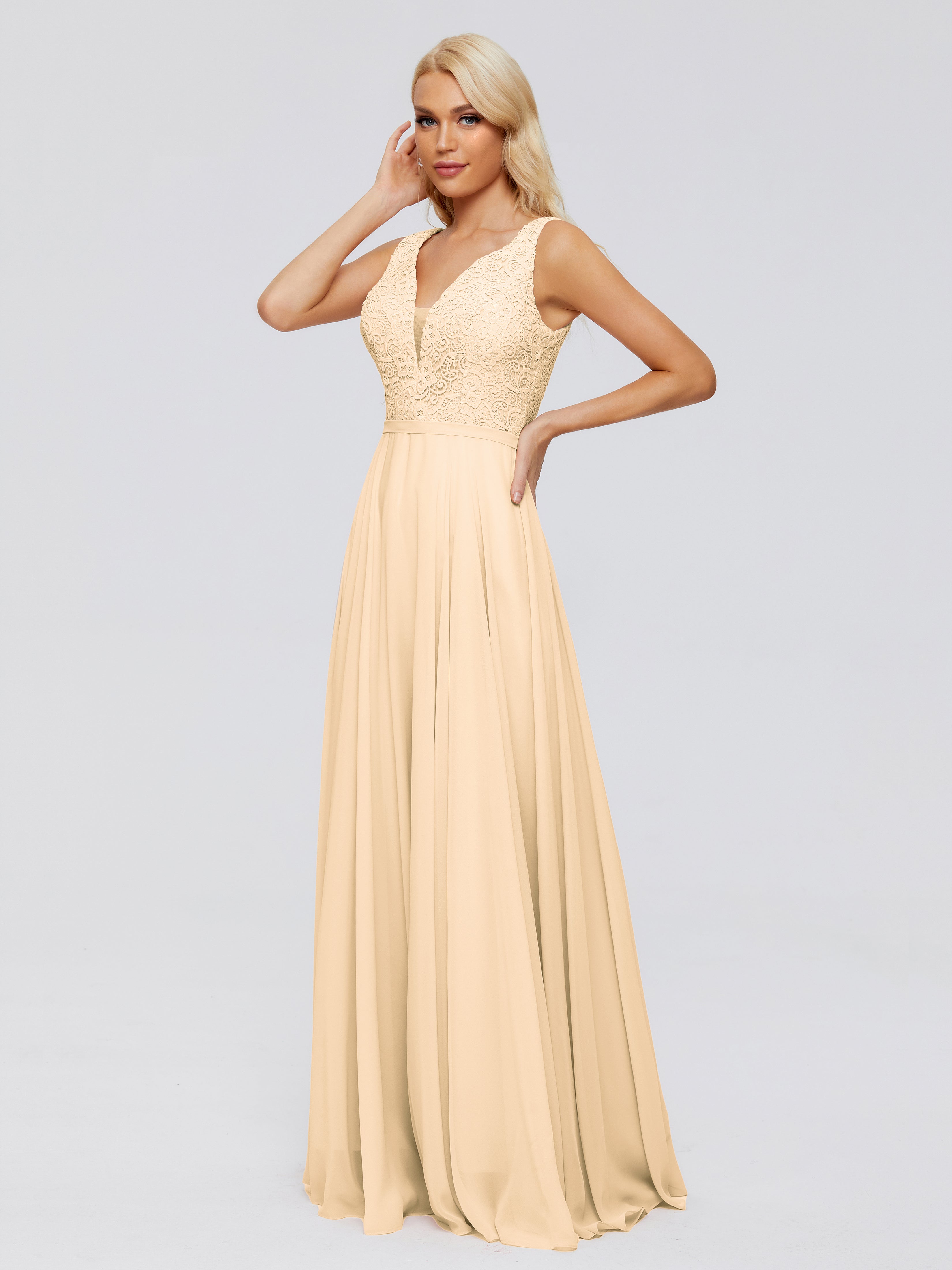 Robe Demoiselle D Honneur Rose Peche Trapèze Col V Bretelle Mousseline Robes Demoiselle D'Honneur