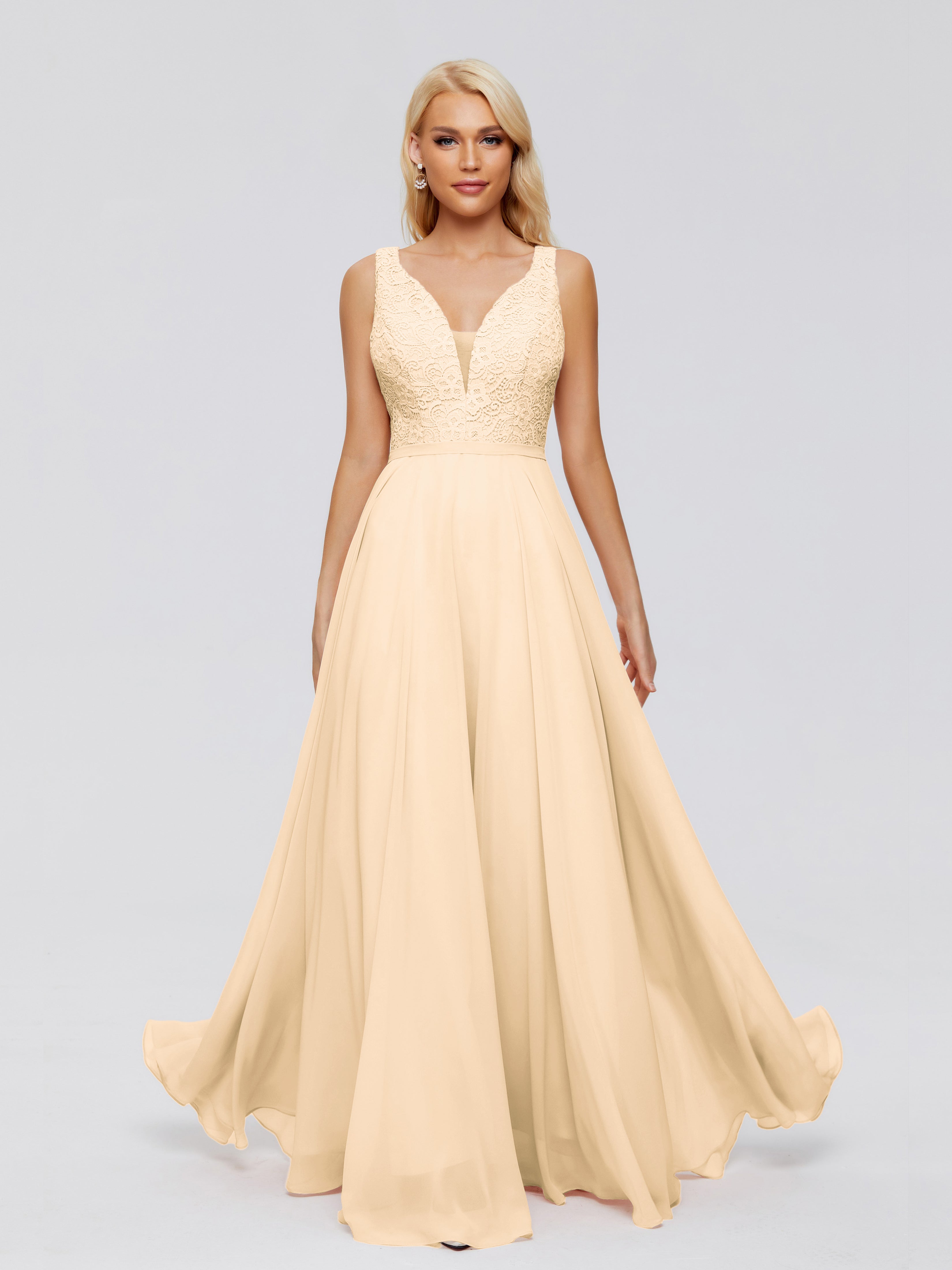 Robe Demoiselle D Honneur Rose Peche Trapèze Col V Bretelle Mousseline Robes Demoiselle D'Honneur