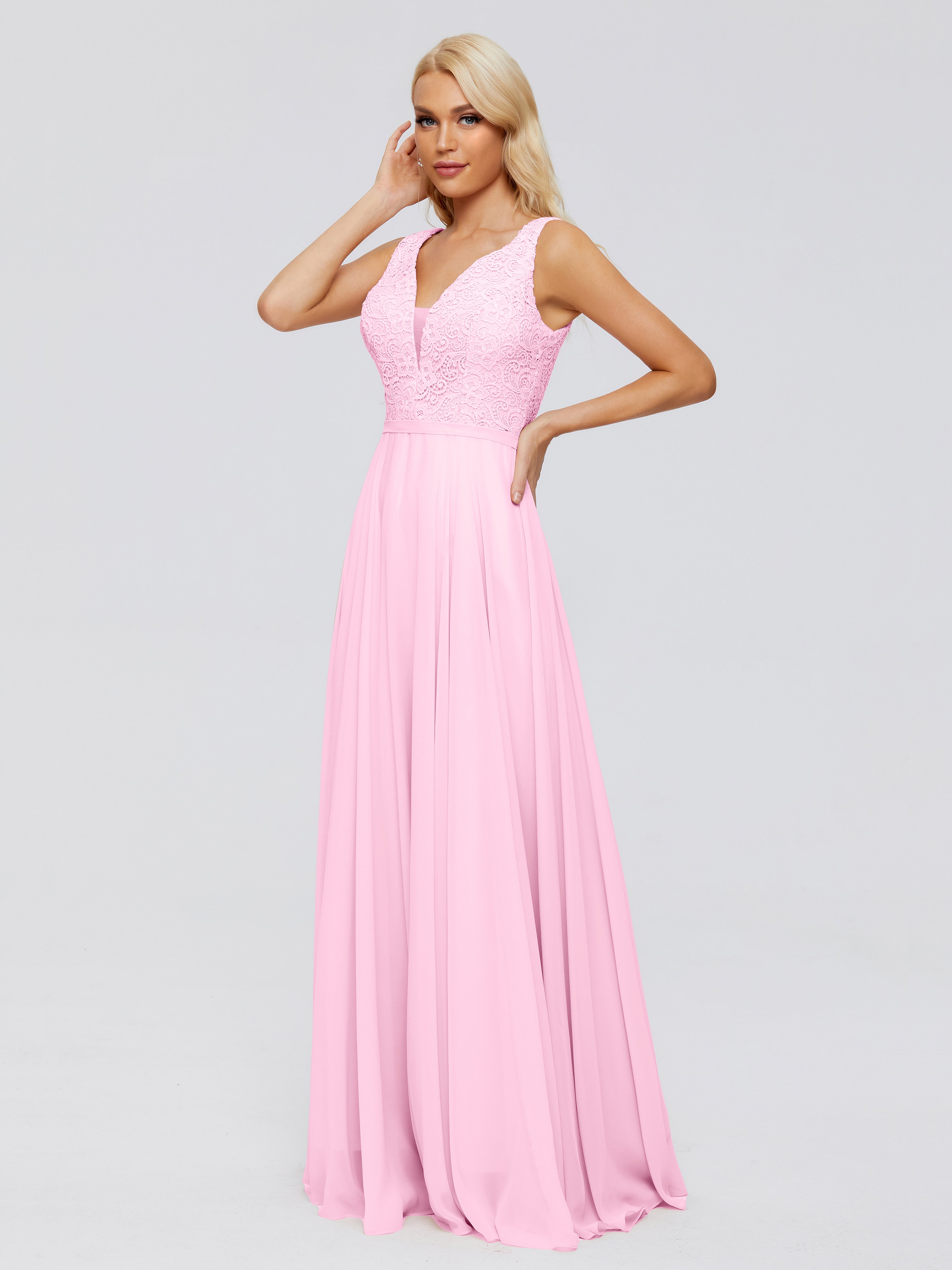 Robe Demoiselle D Honneur Rose Bonbon Trapèze Col V Bretelle Mousseline Robes Demoiselle D'Honneur