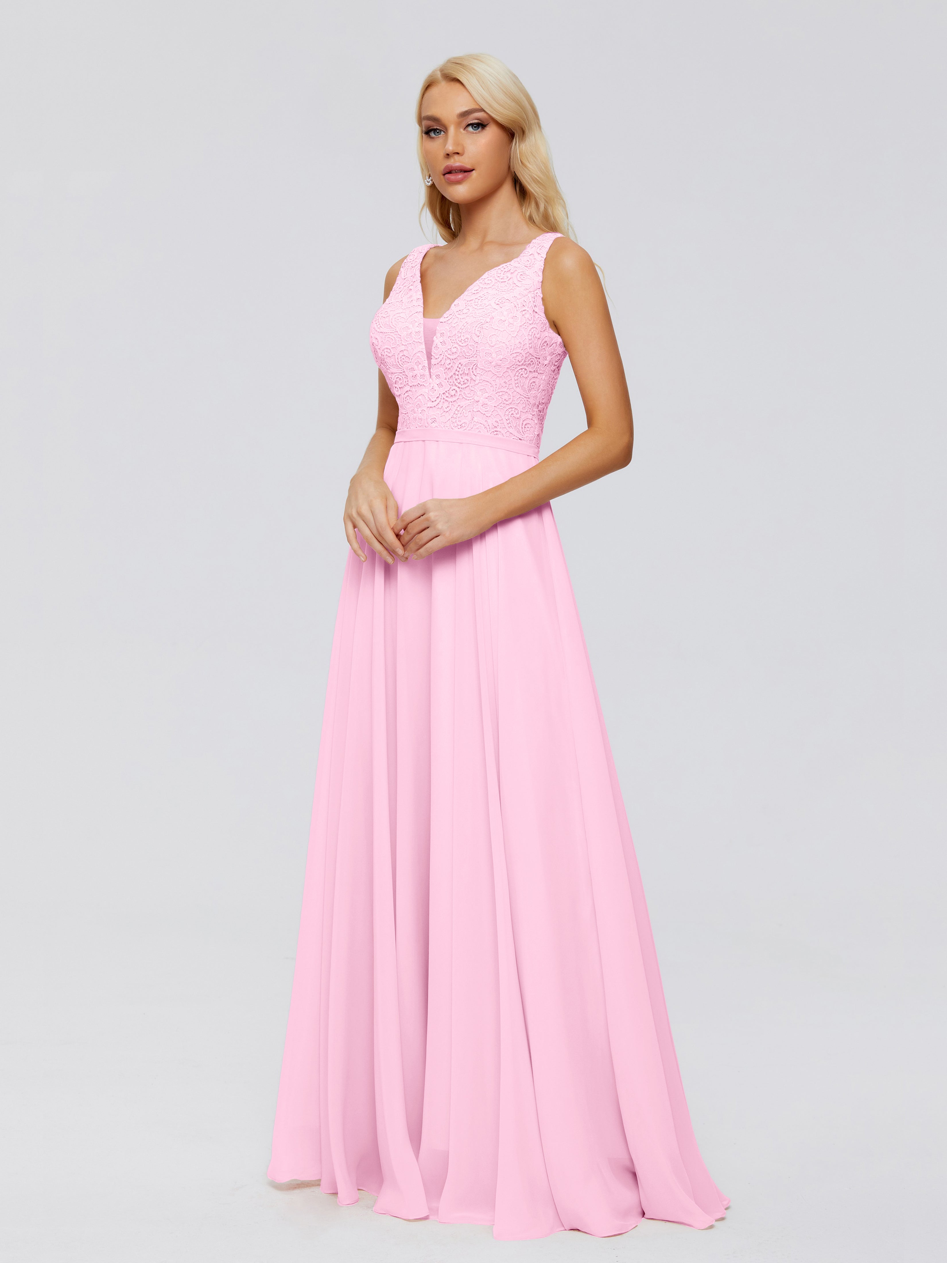 Robe Demoiselle D Honneur Rose Bonbon Trapèze Col V Bretelle Mousseline Robes Demoiselle D'Honneur