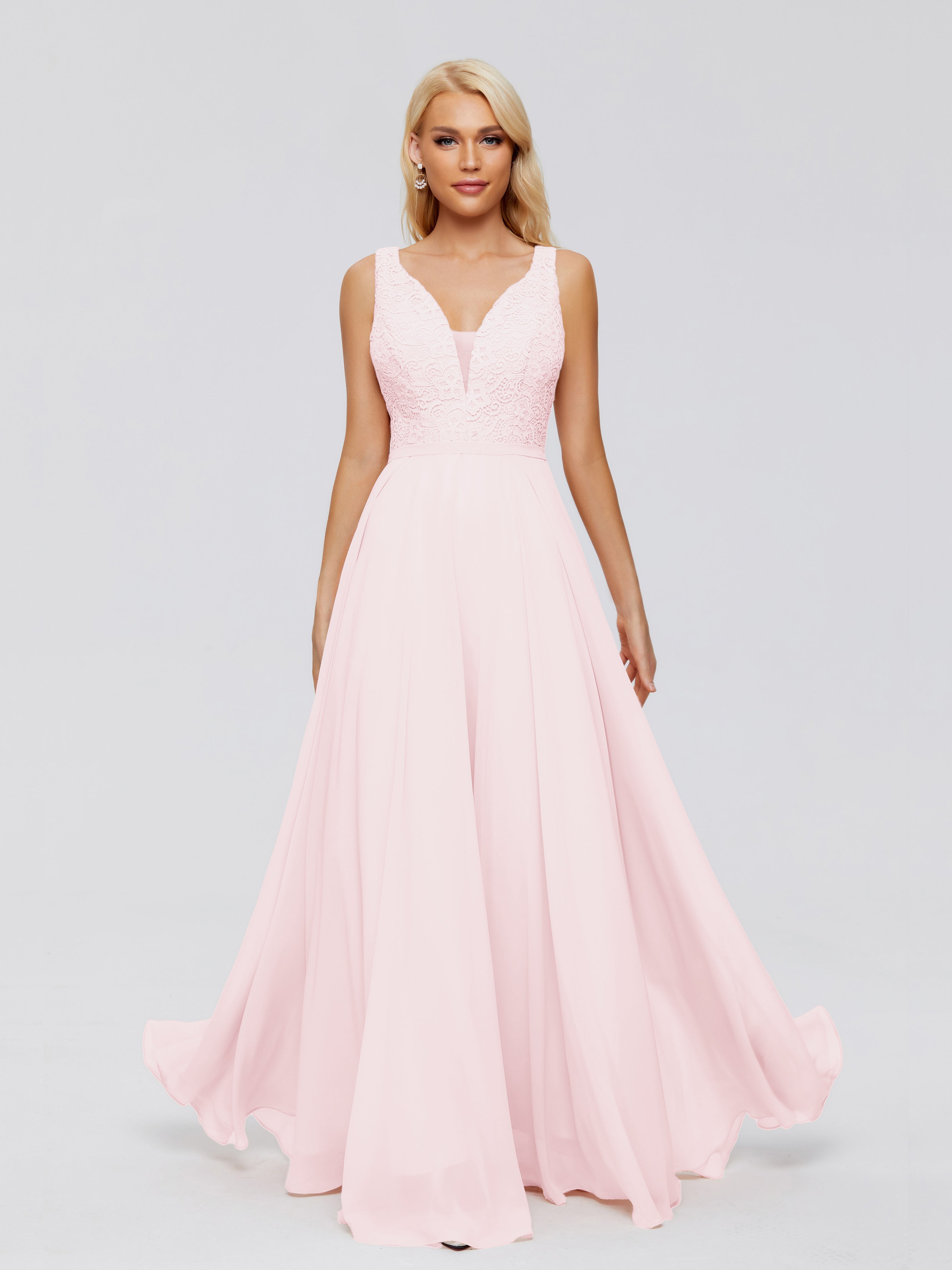 Robes Demoiselle D Honneur Rose Pale Trapèze Col V Bretelle Mousseline Robes Demoiselle D'Honneur
