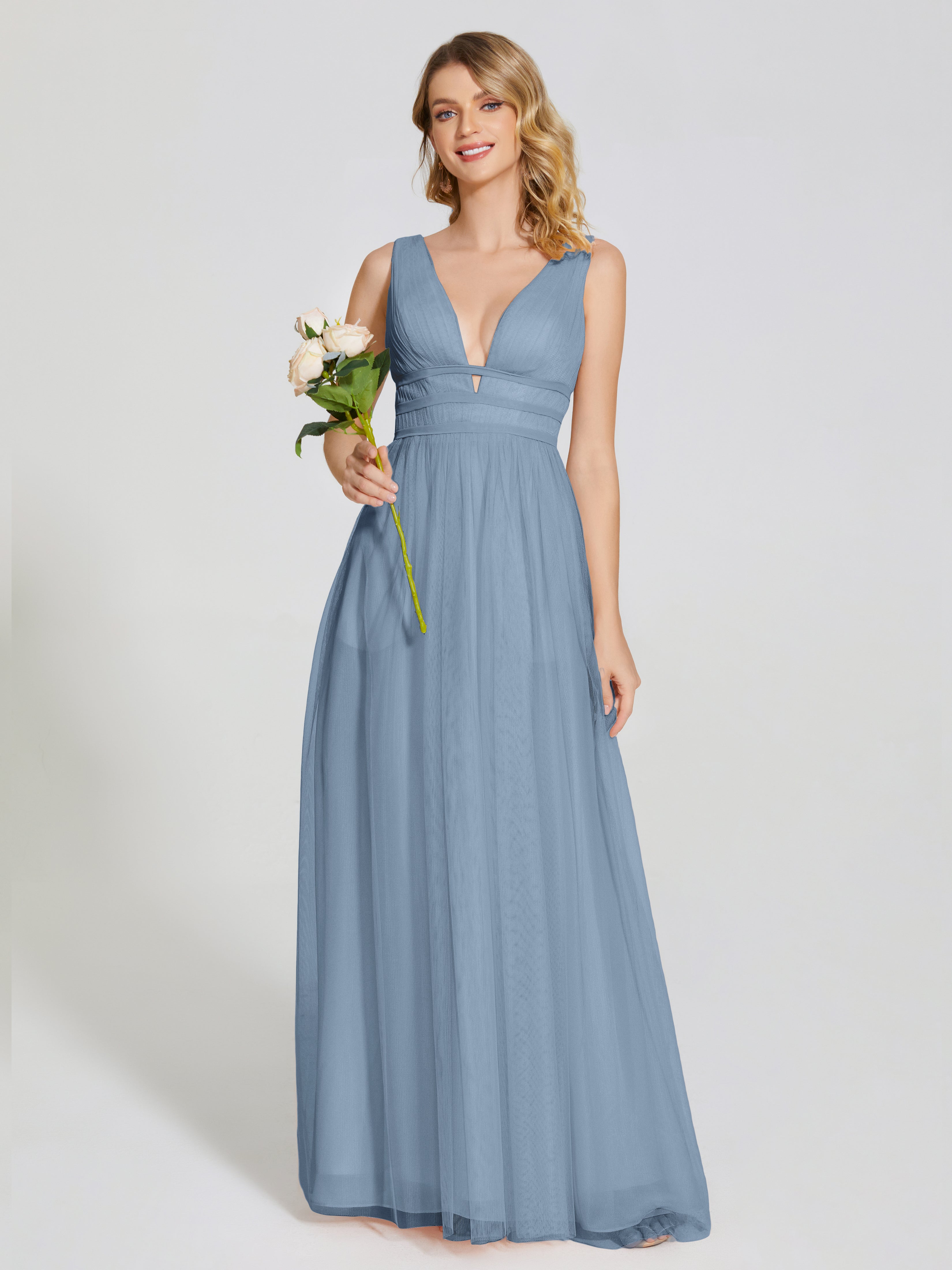 Robes De Demoiselle D'Honneur Bleu De Schiste Bretelles Dos Nu Sexy Tulle Robe De Demoiselle D'Honneur