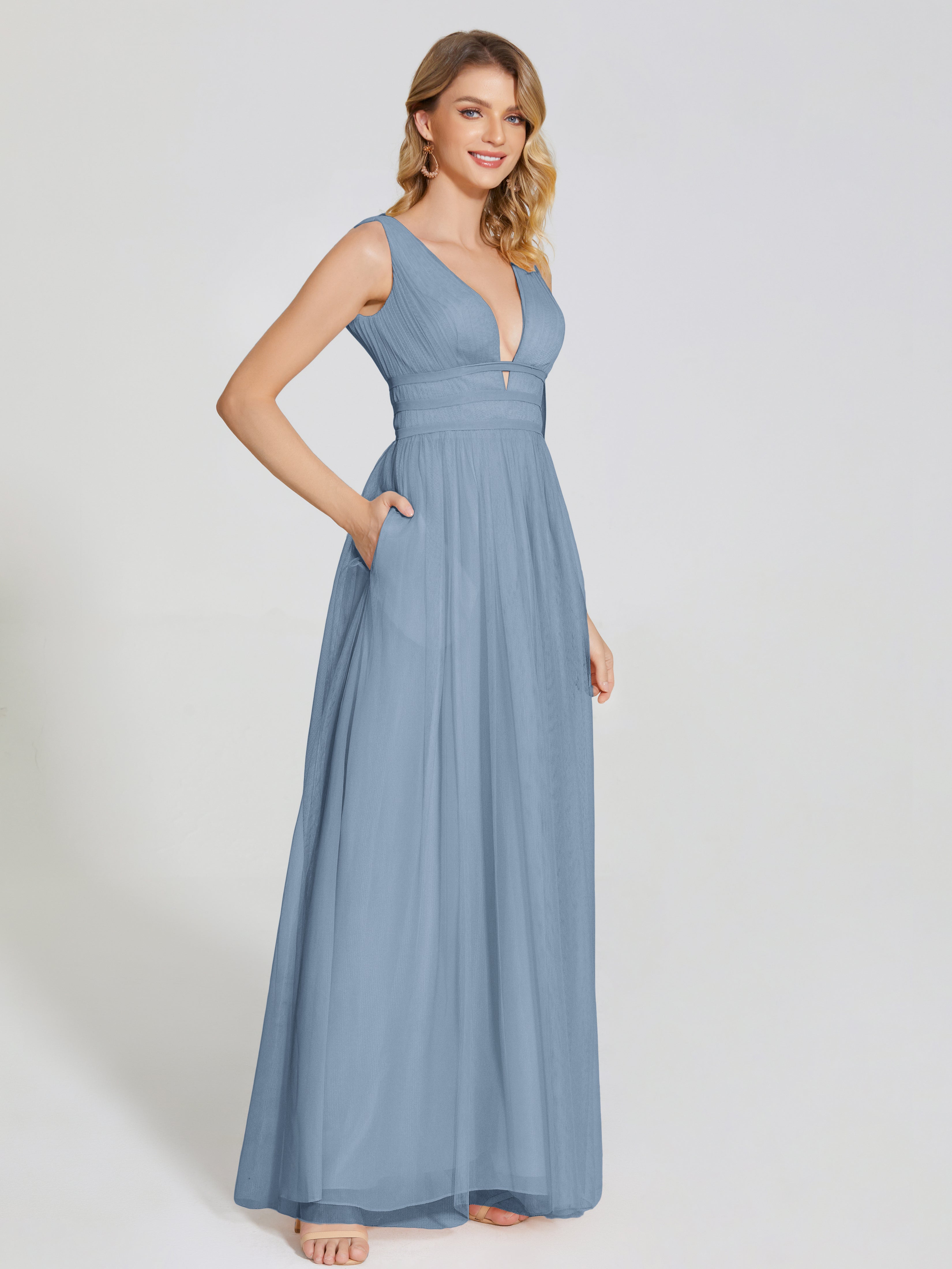 Robes De Demoiselle D'Honneur Bleu De Schiste Bretelles Dos Nu Sexy Tulle Robe De Demoiselle D'Honneur