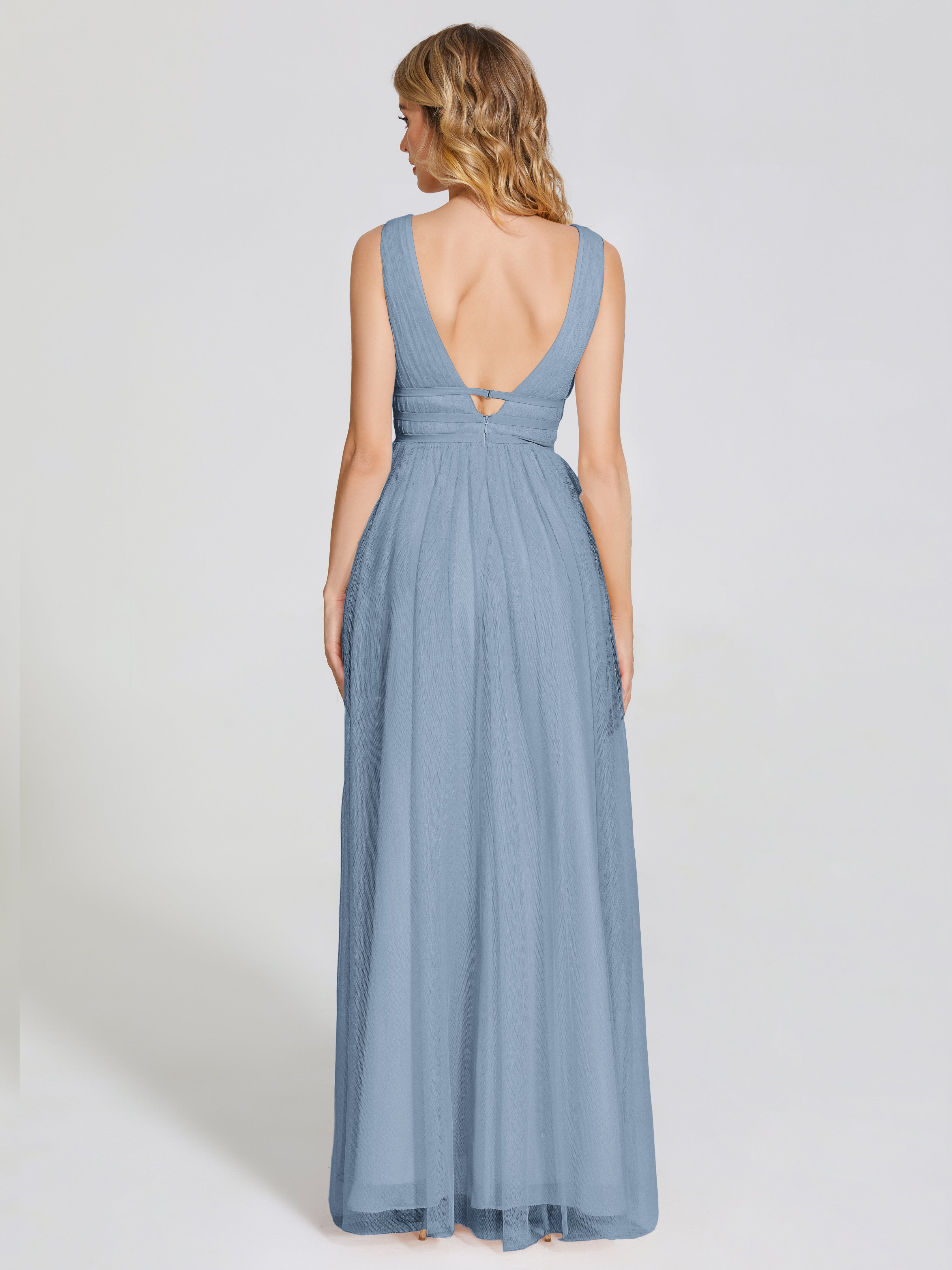 Robes De Demoiselle D'Honneur Bleu De Schiste Bretelles Dos Nu Sexy Tulle Robe De Demoiselle D'Honneur