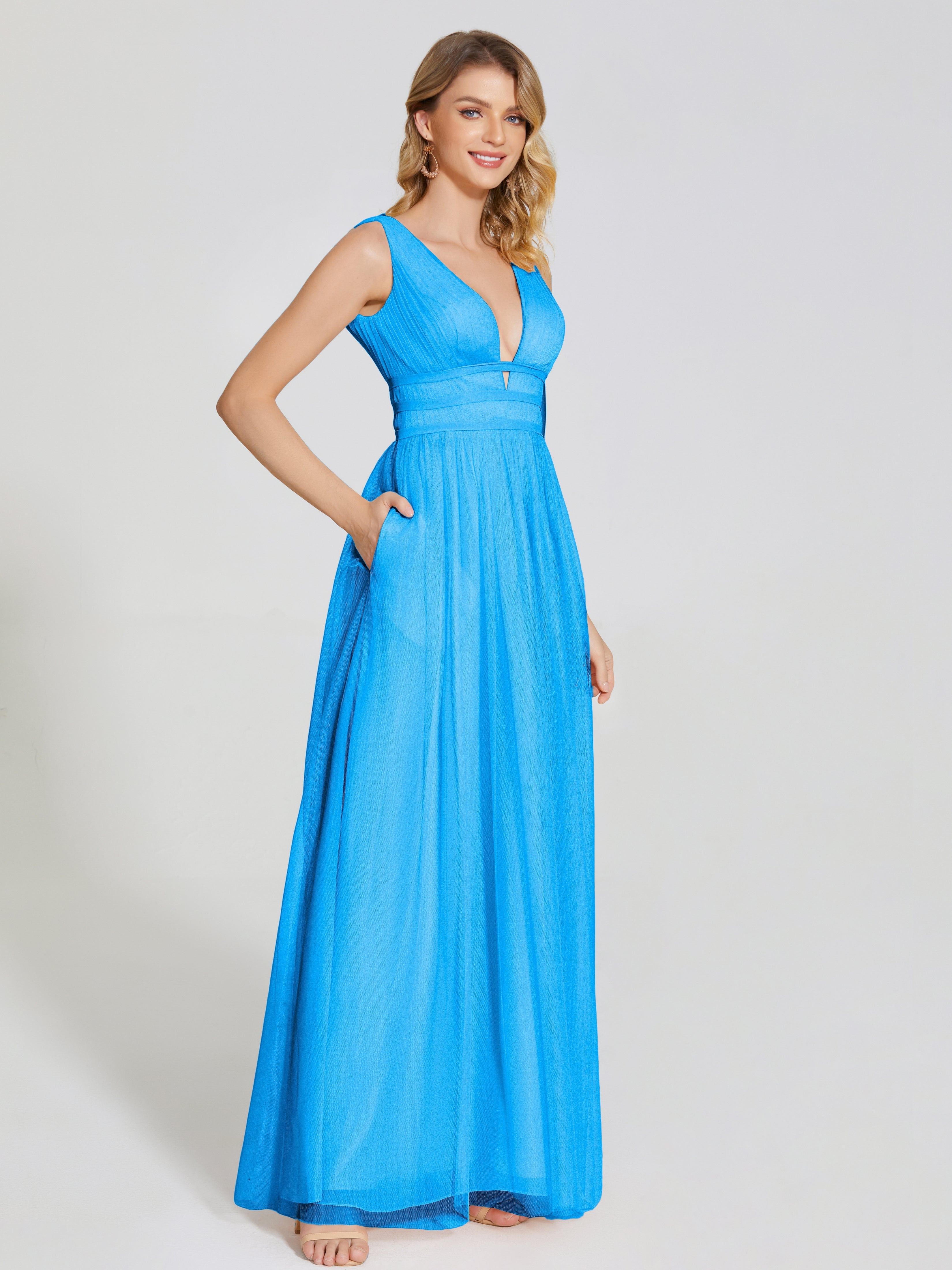 Robes De Demoiselle D'Honneur Bleu Océan Bretelles Dos Nu Sexy Tulle Robe De Demoiselle D'Honneur