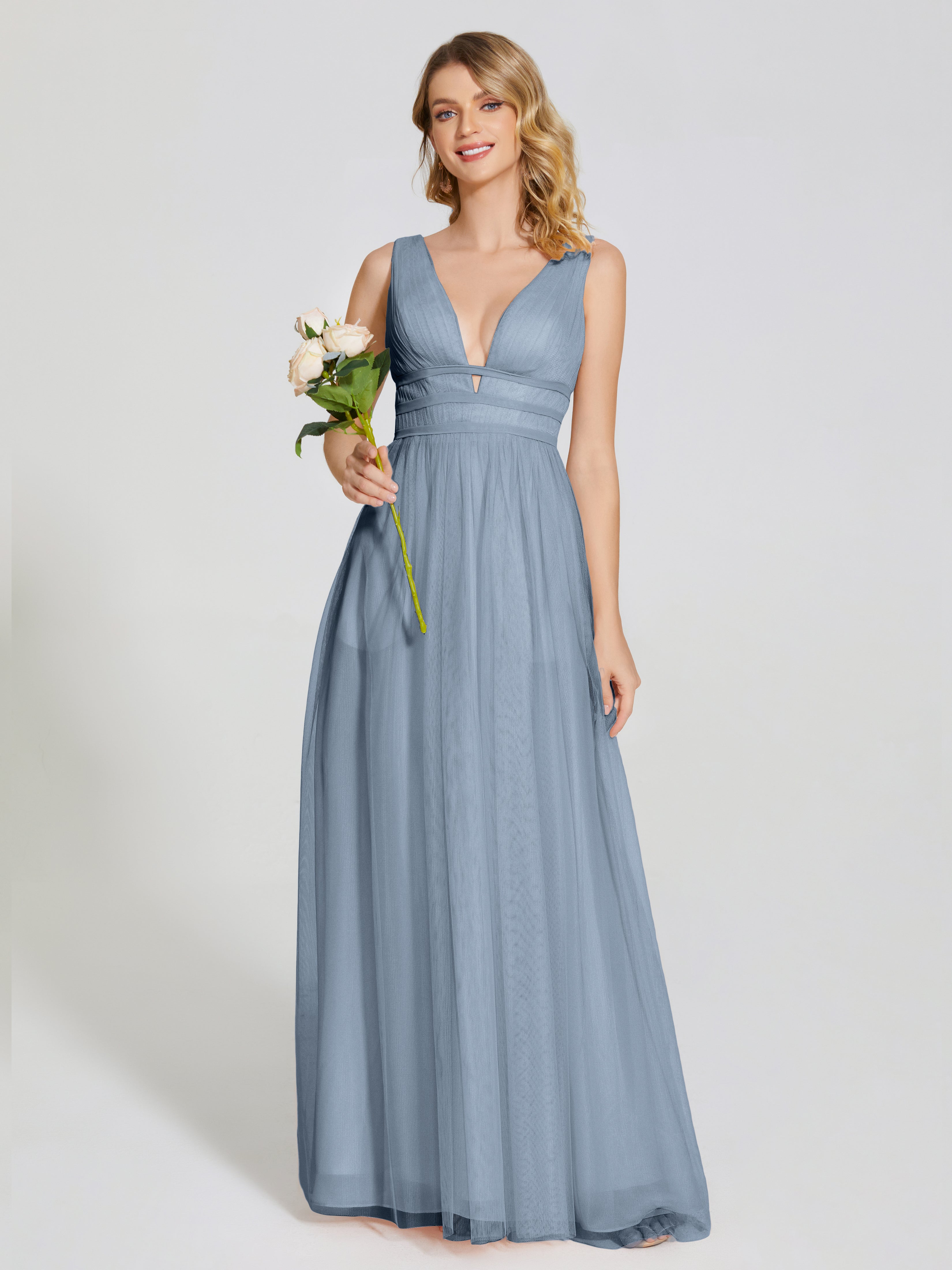 Robes De Demoiselle D'Honneur Bleu Gris Bretelles Dos Nu Sexy Tulle Robe De Demoiselle D'Honneur