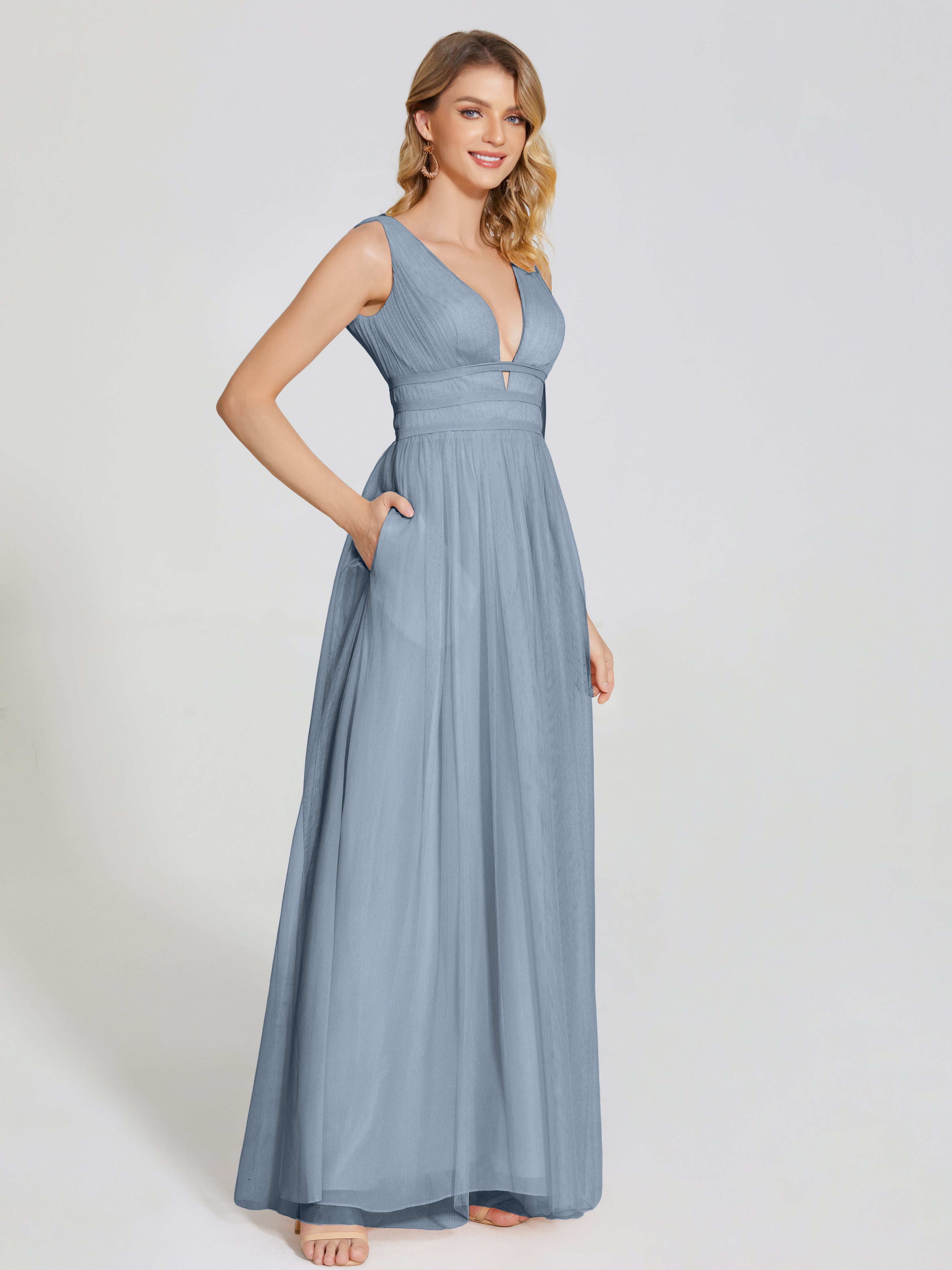 Robes De Demoiselle D'Honneur Bleu Gris Bretelles Dos Nu Sexy Tulle Robe De Demoiselle D'Honneur