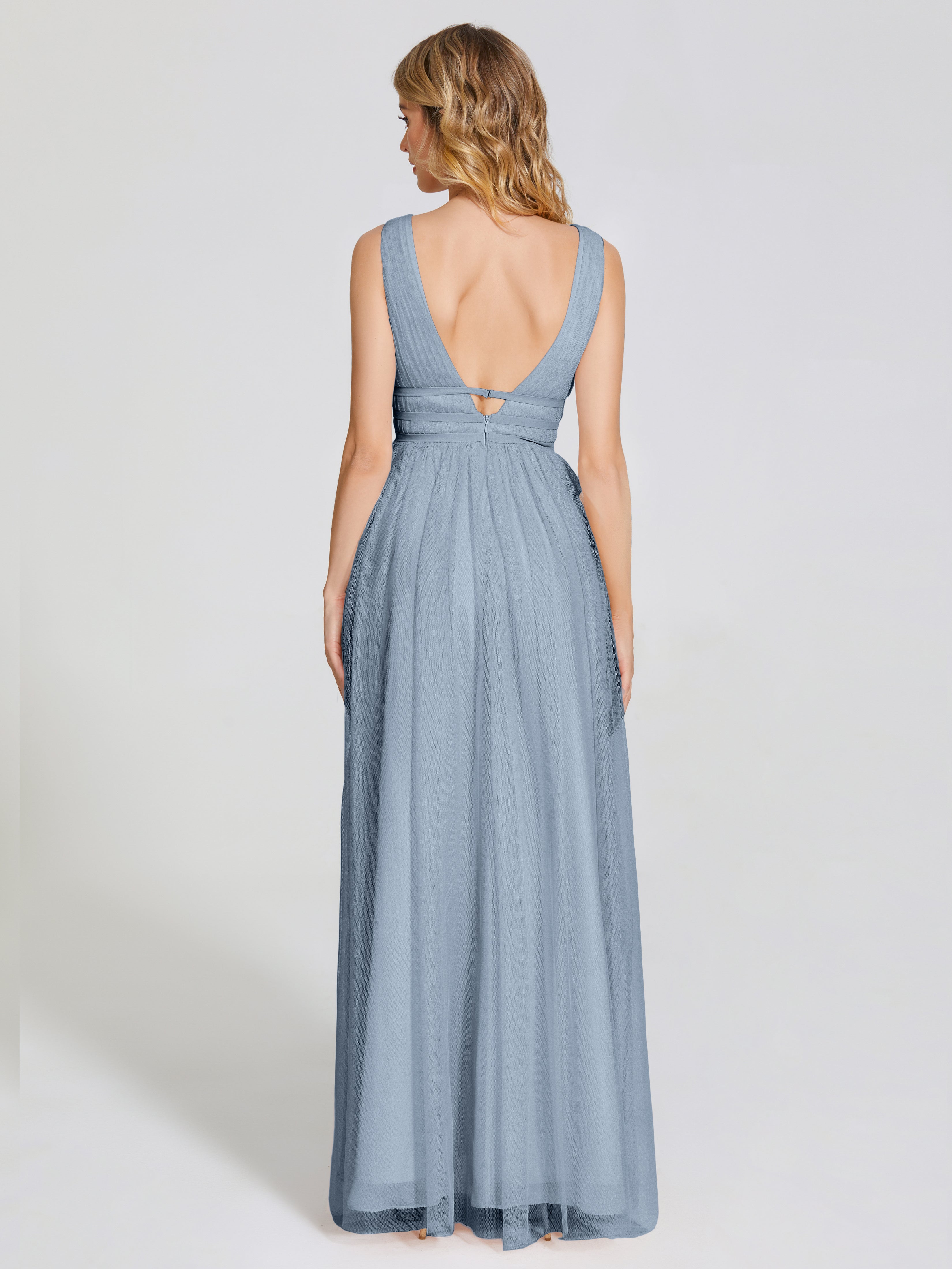 Robes De Demoiselle D'Honneur Bleu Gris Bretelles Dos Nu Sexy Tulle Robe De Demoiselle D'Honneur