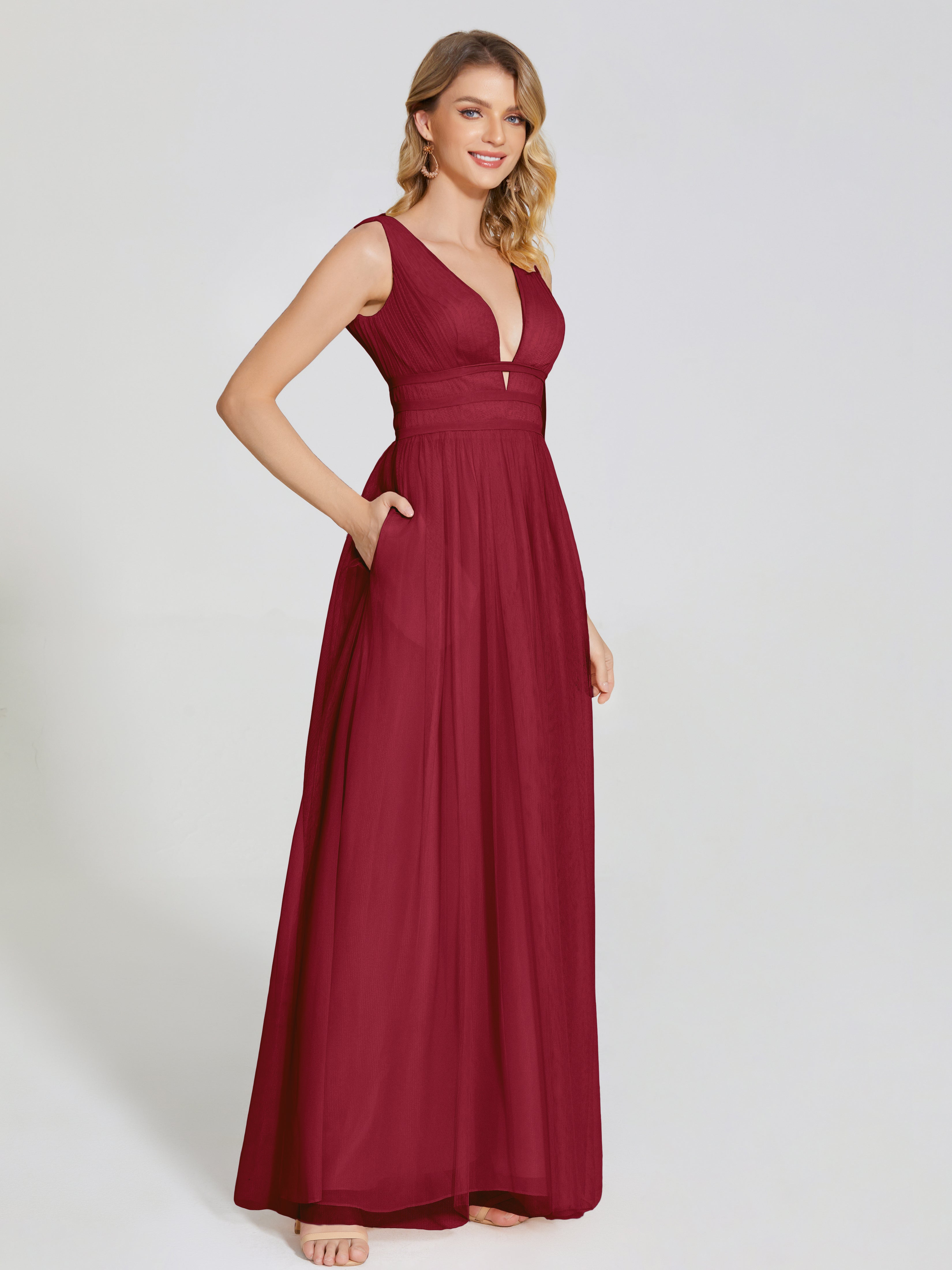 Robe Longue Demoiselle D Honneur Bordeaux Bretelles Dos Nu Sexy Tulle Robe De Demoiselle D'Honneur
