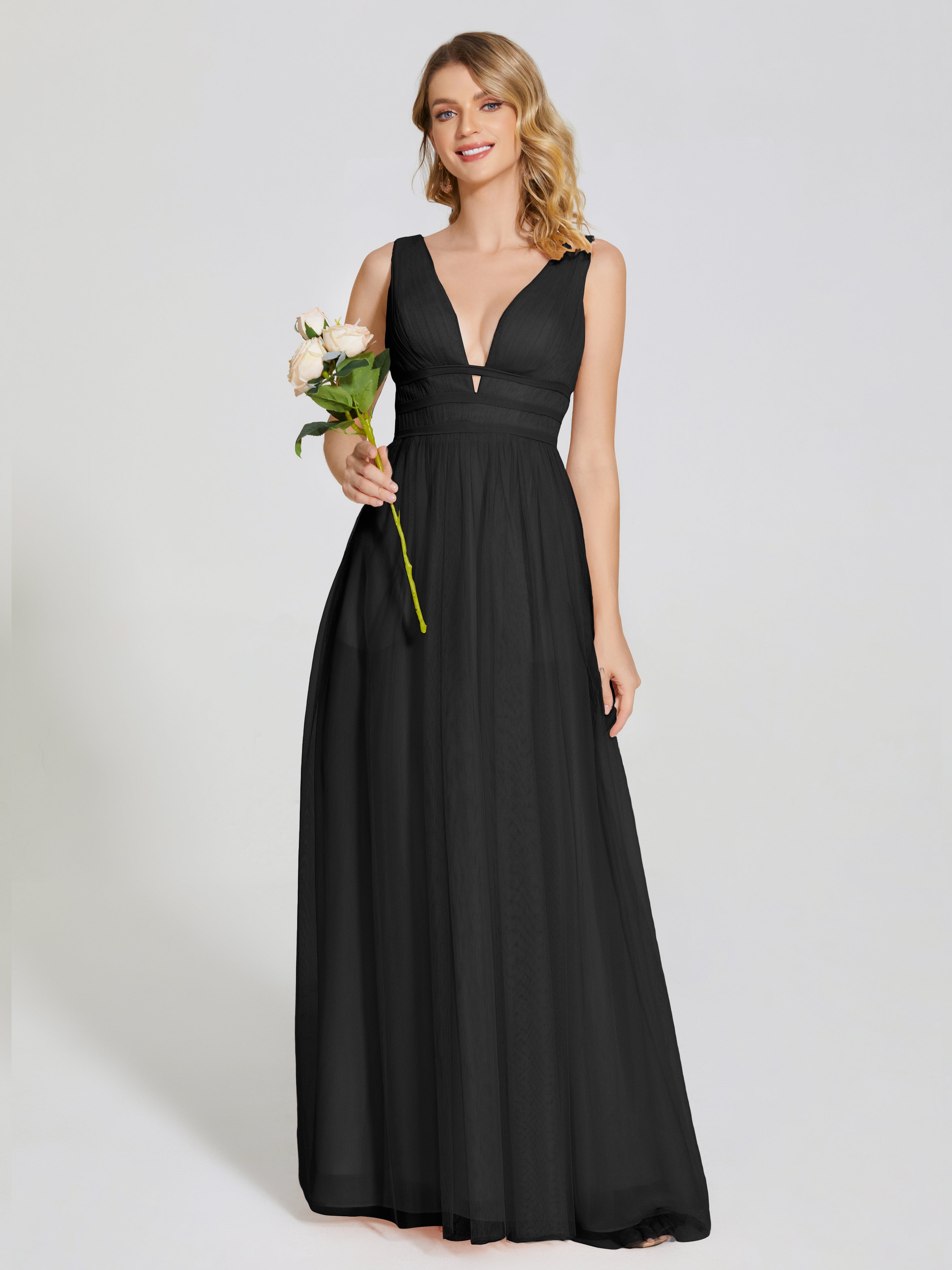 Robes De Demoiselle D'Honneur Noires Bretelles Dos Nu Sexy Tulle Robe De Demoiselle D'Honneur