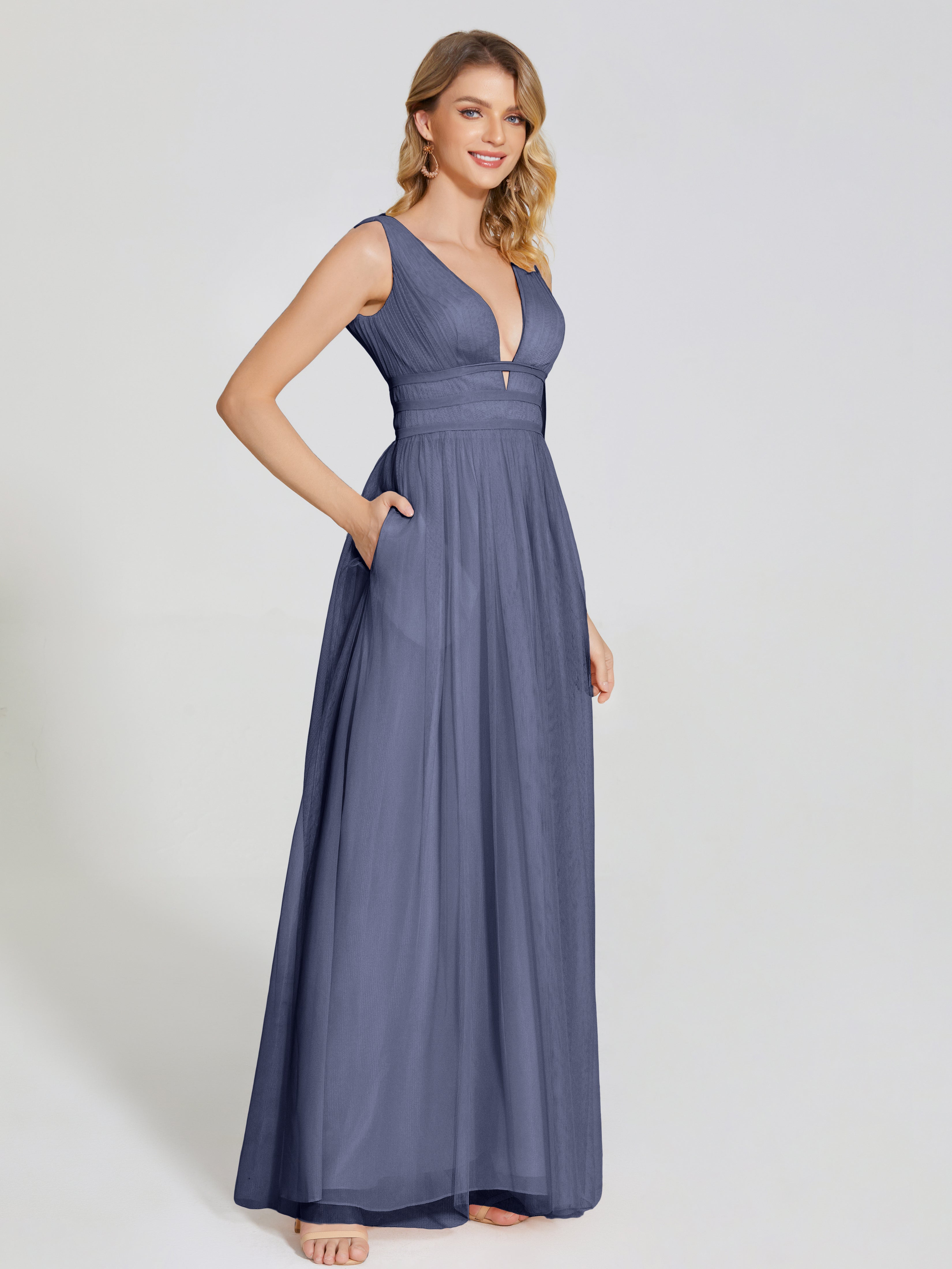 Robes De Demoiselle D'Honneur Bleu Orageux Bretelles Dos Nu Sexy Tulle Robe De Demoiselle D'Honneur