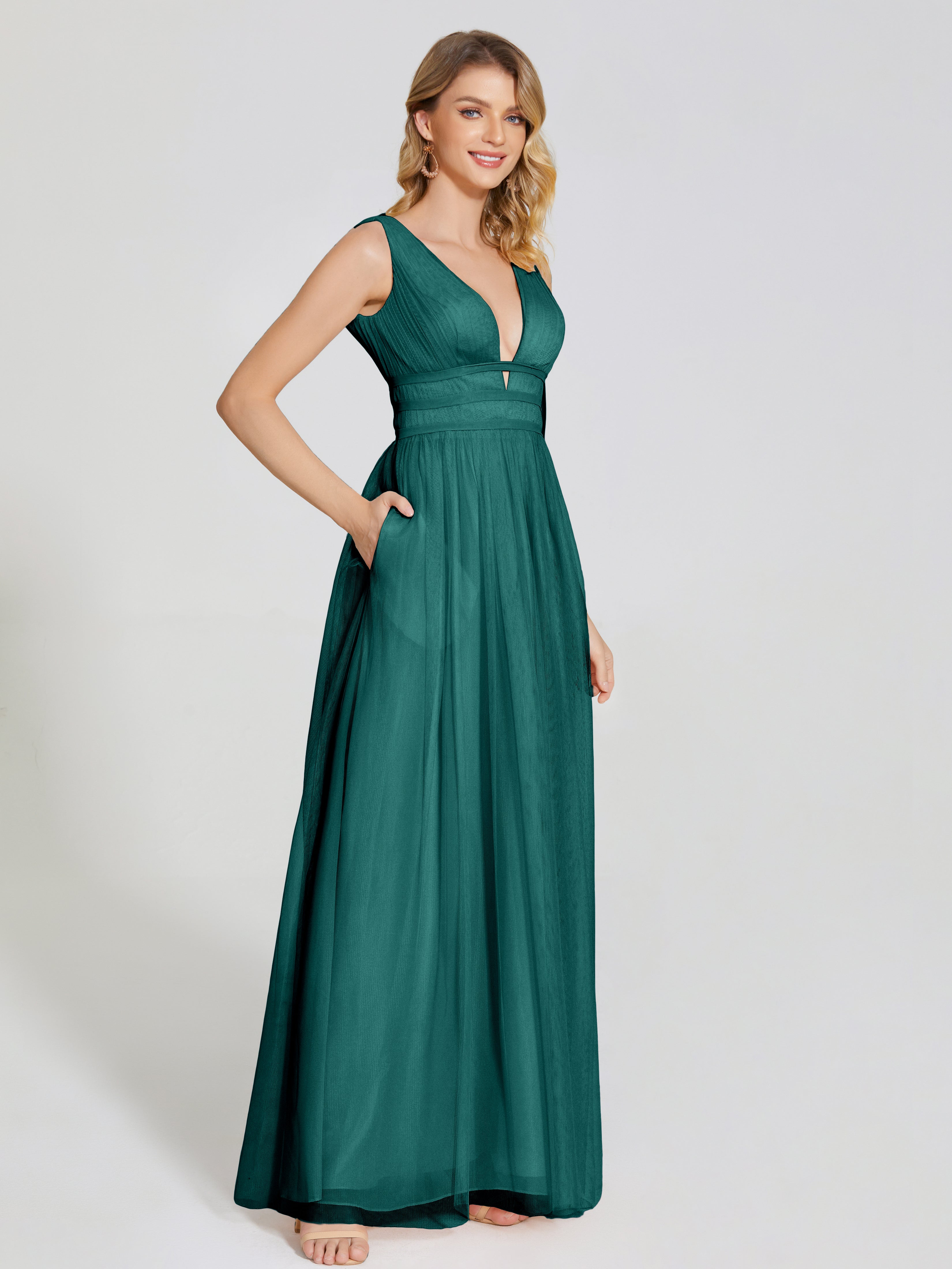 Robe De Demoiselle D'Honneur De Paon Au Sol Bretelles Dos Nu Sexy Tulle Robe De Demoiselle D'Honneur