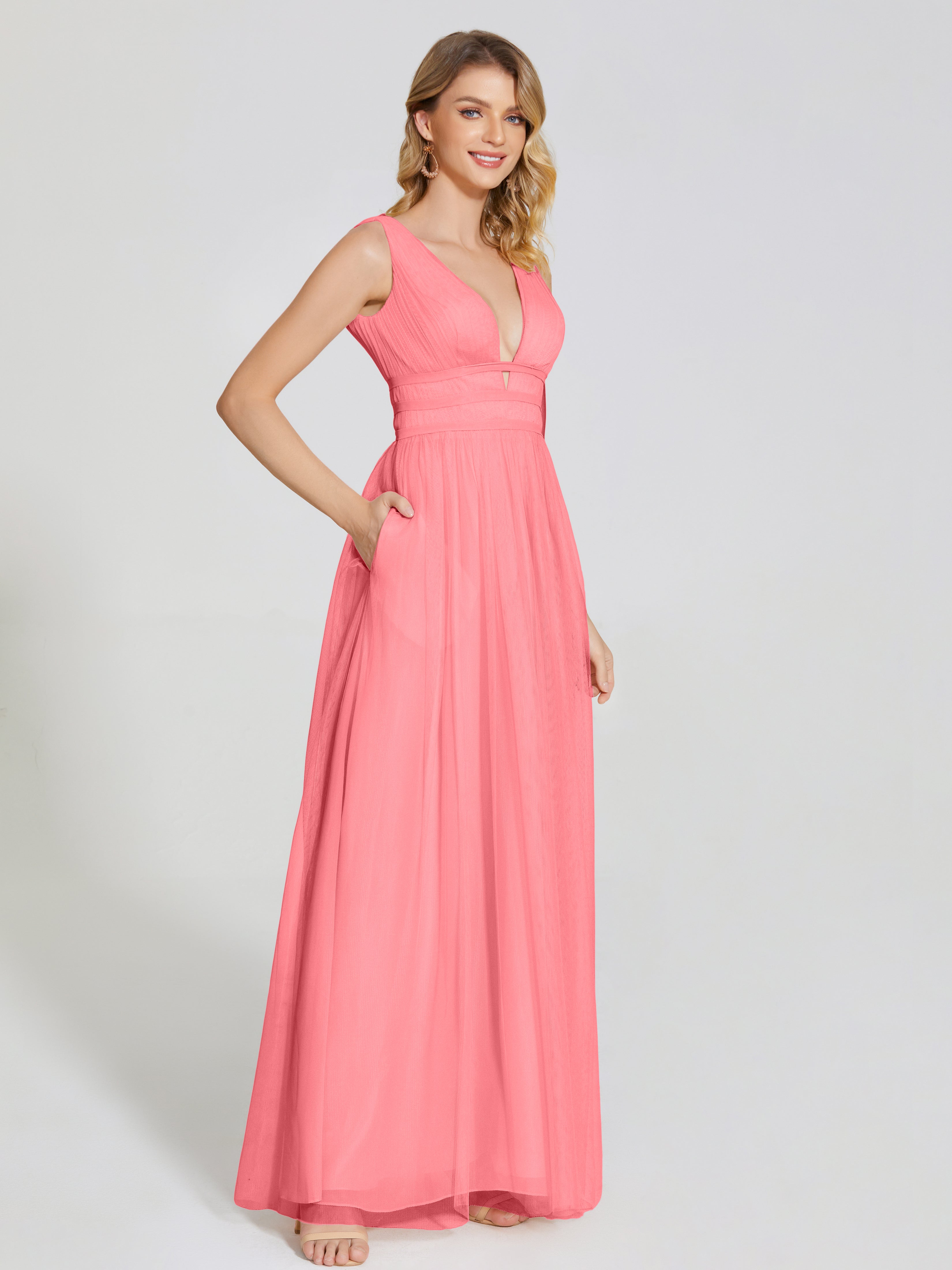 Robes De Demoiselle D'Honneur Pastèque Bretelles Dos Nu Sexy Tulle Robe De Demoiselle D'Honneur