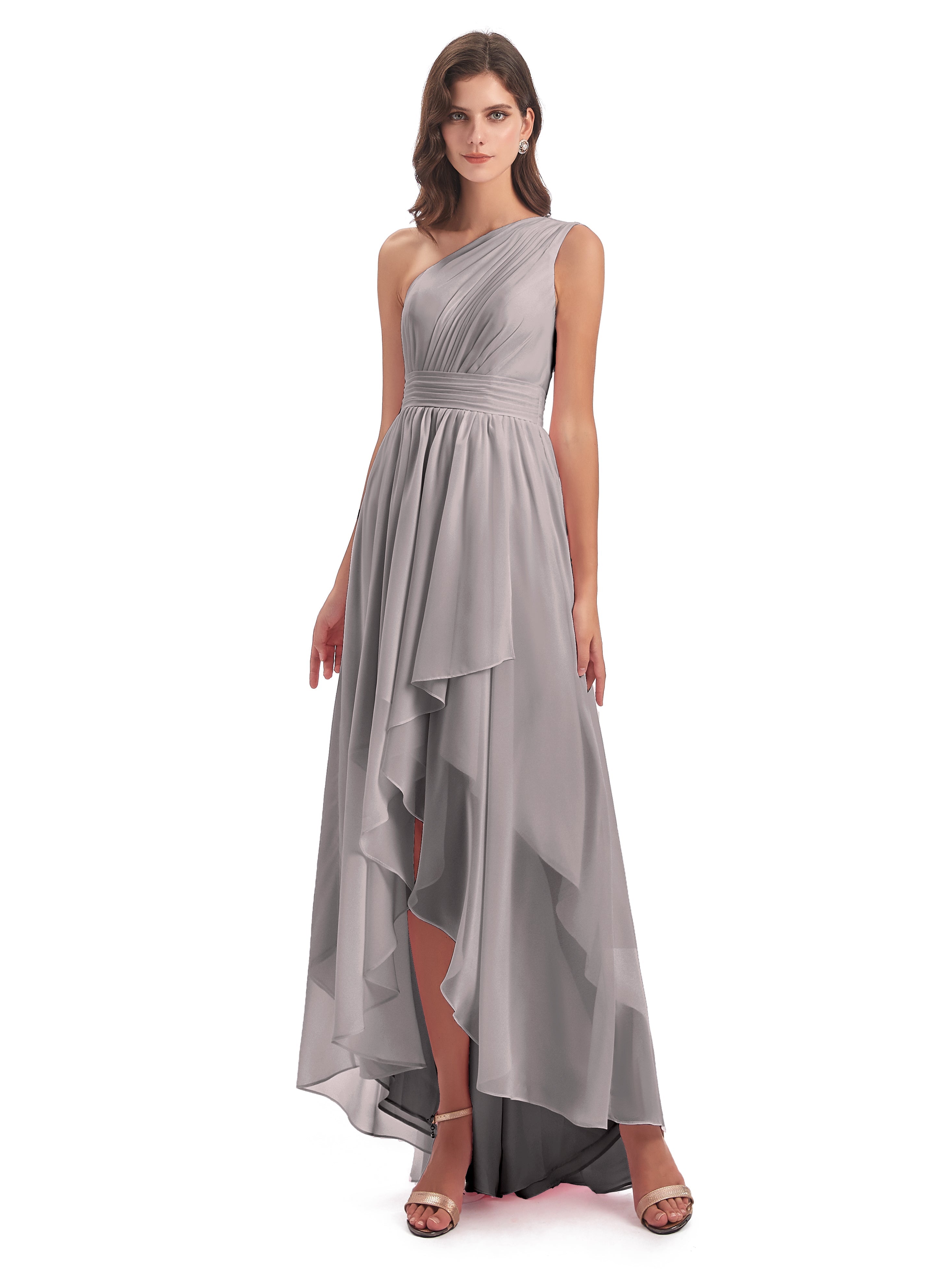 Robes De Demoiselle D'Honneur En Argent Asymétrique Seule-Épaule Mousseline Robes Demoiselle D'Honneur