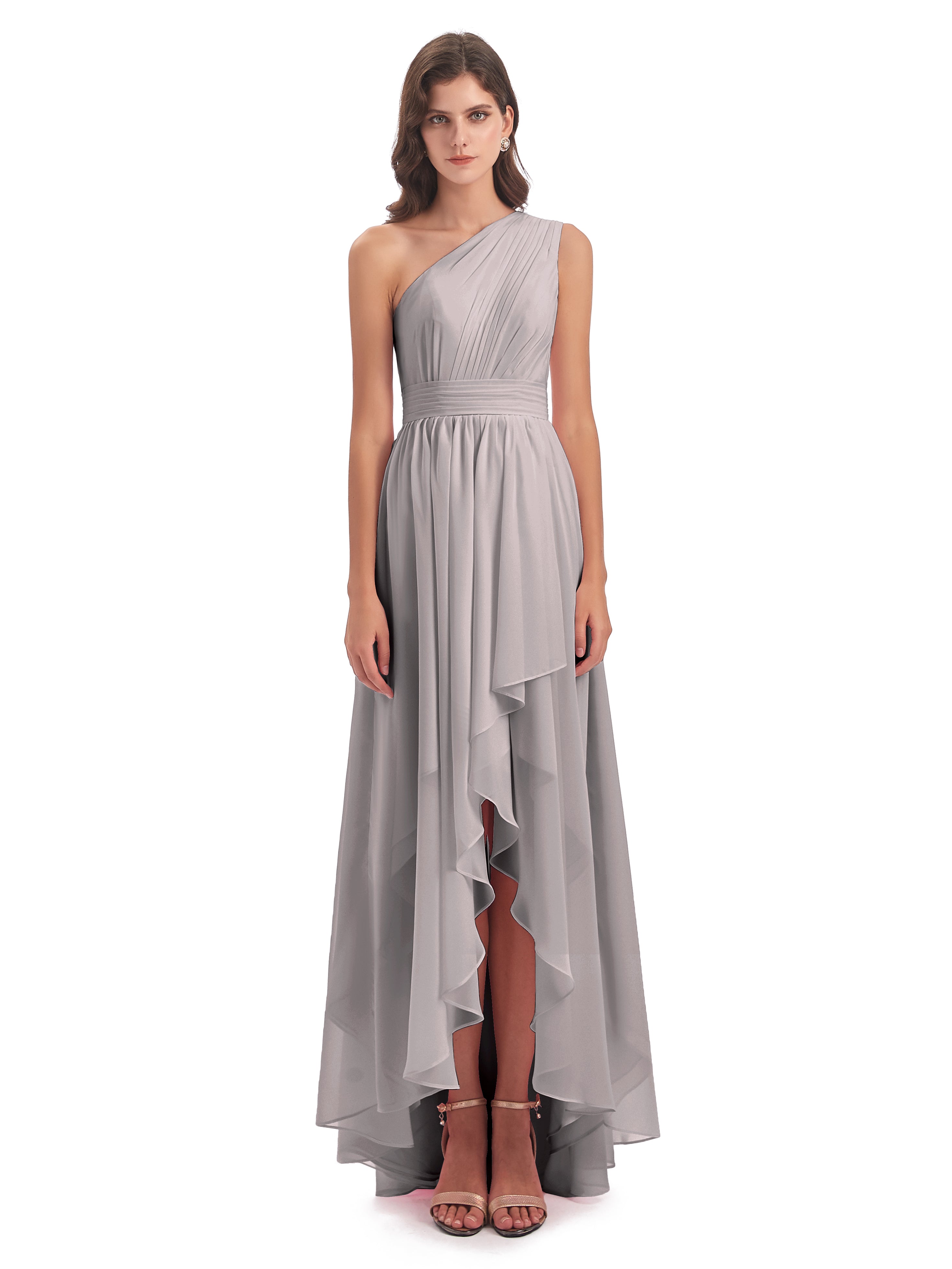 Robes De Demoiselle D'Honneur En Argent Asymétrique Seule-Épaule Mousseline Robes Demoiselle D'Honneur