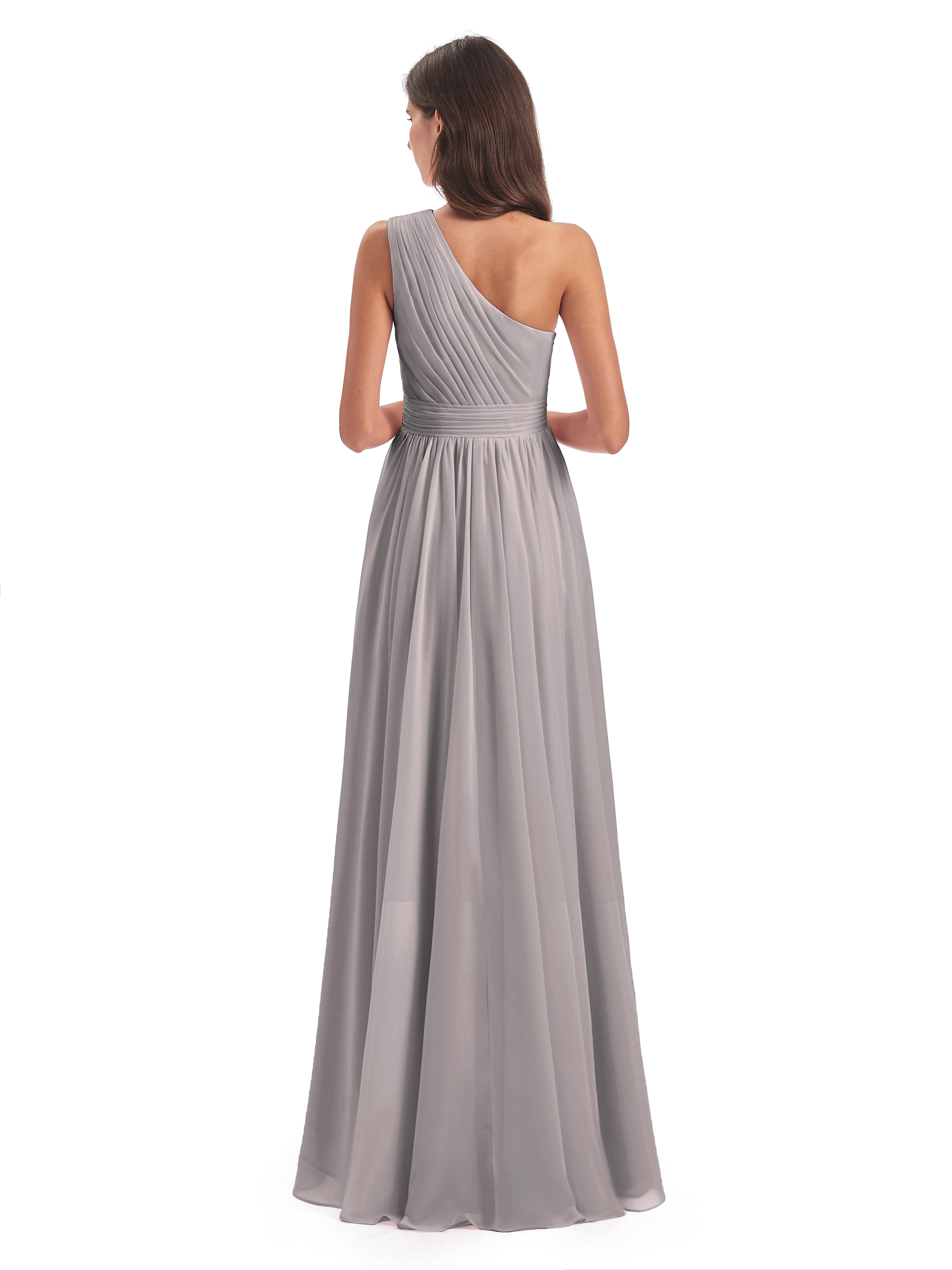Robes De Demoiselle D'Honneur En Argent Asymétrique Seule-Épaule Mousseline Robes Demoiselle D'Honneur