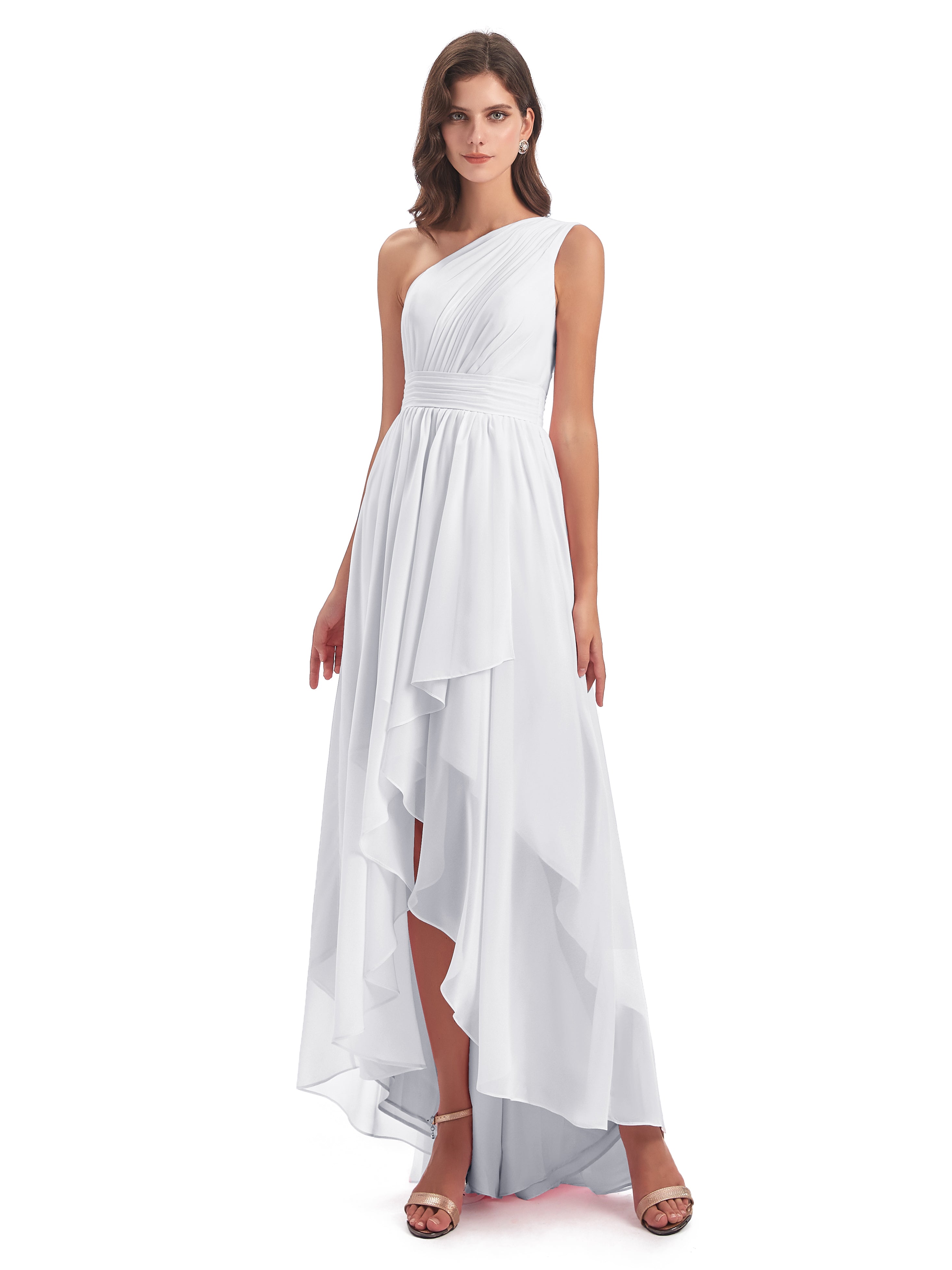 Robe Longue Blanche Demoiselle D Honneur Asymétrique Seule-Épaule Mousseline Robes Demoiselle D'Honneur