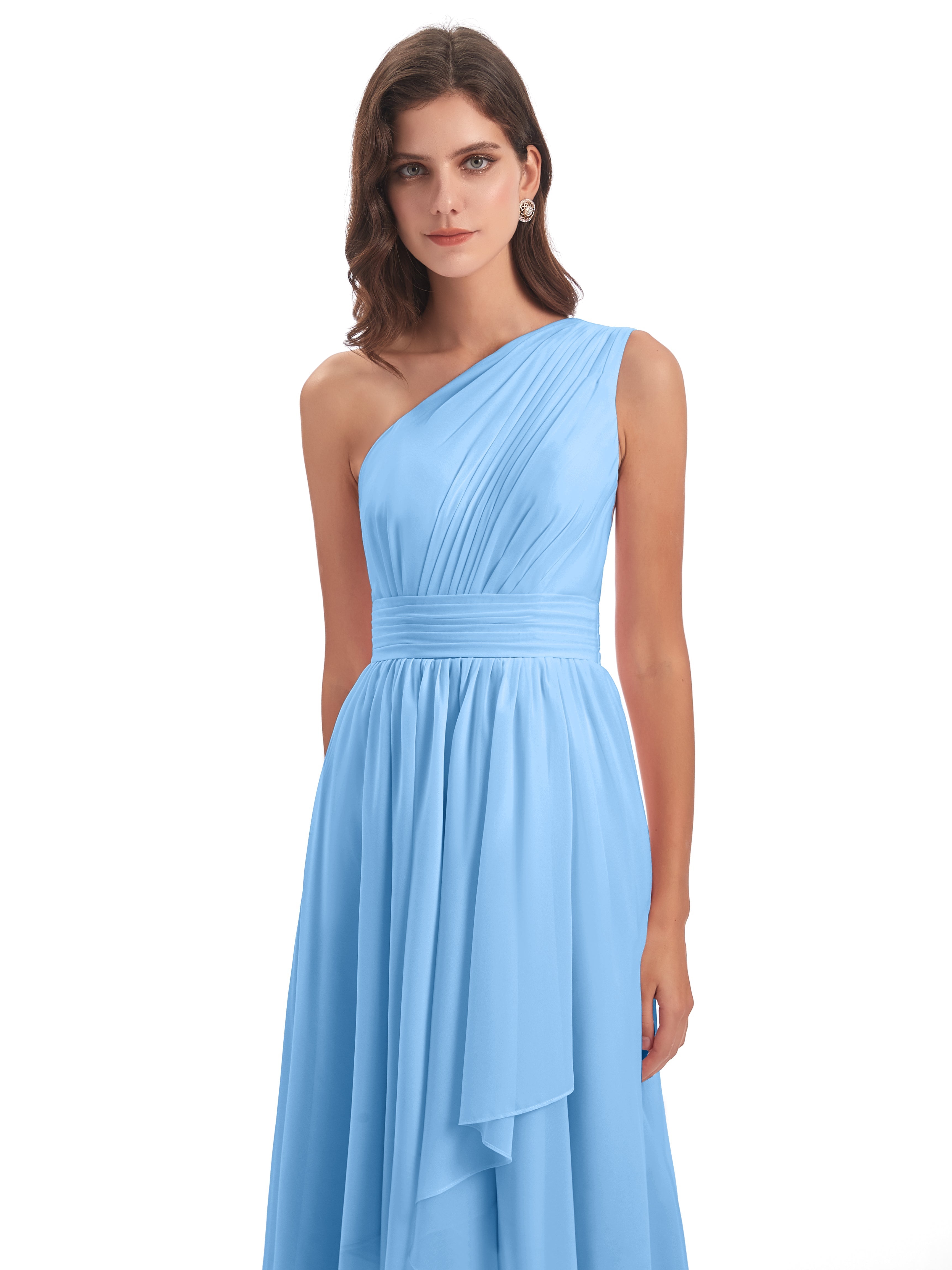 Robe Longue Bleu Demoiselle D Honneur Asymétrique Seule-Épaule Mousseline Robes Demoiselle D'Honneur