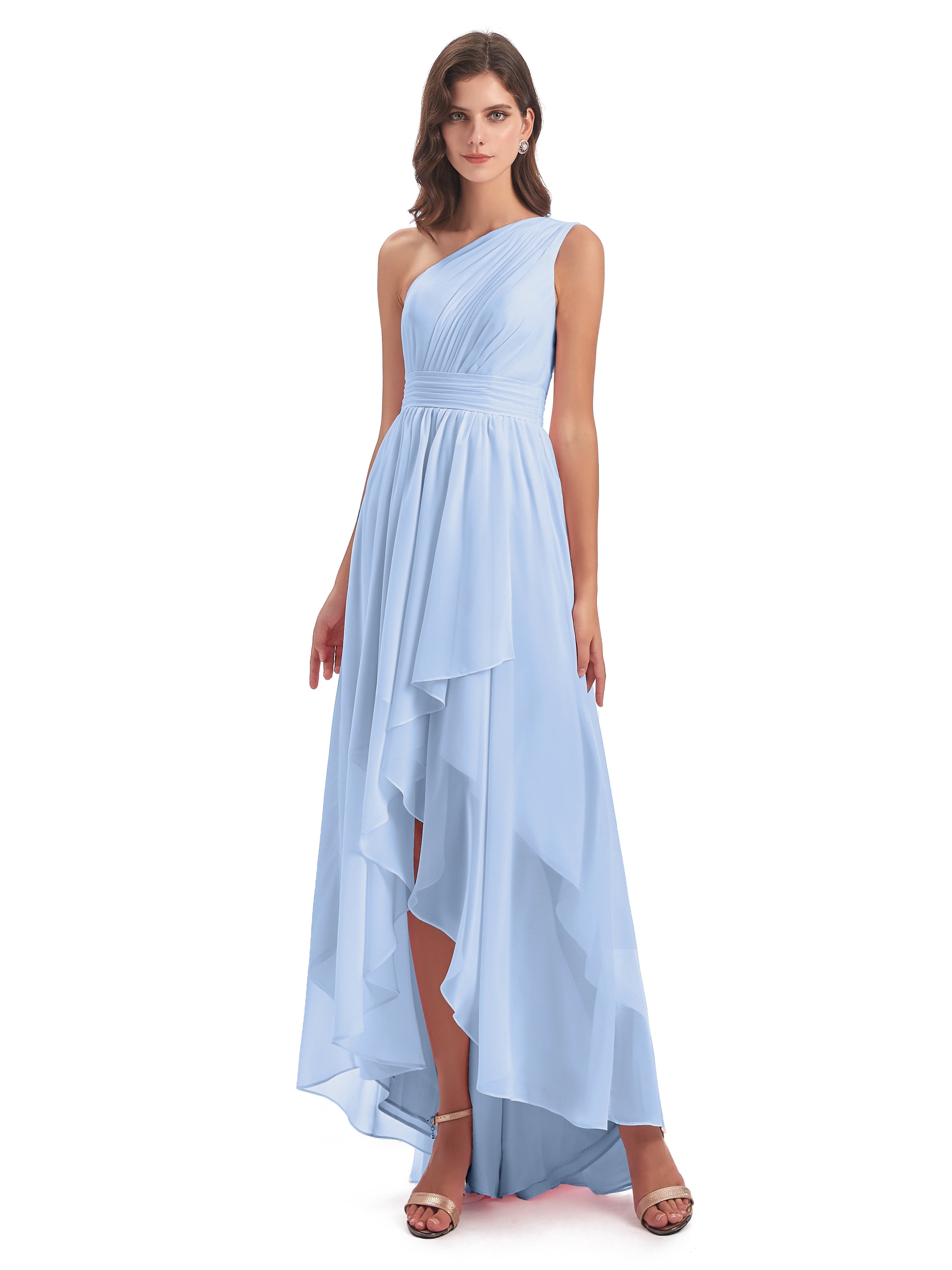 Robe Longue Bleu Ciel Demoiselle D Honneur Asymétrique Seule-Épaule Mousseline Robes Demoiselle D'Honneur