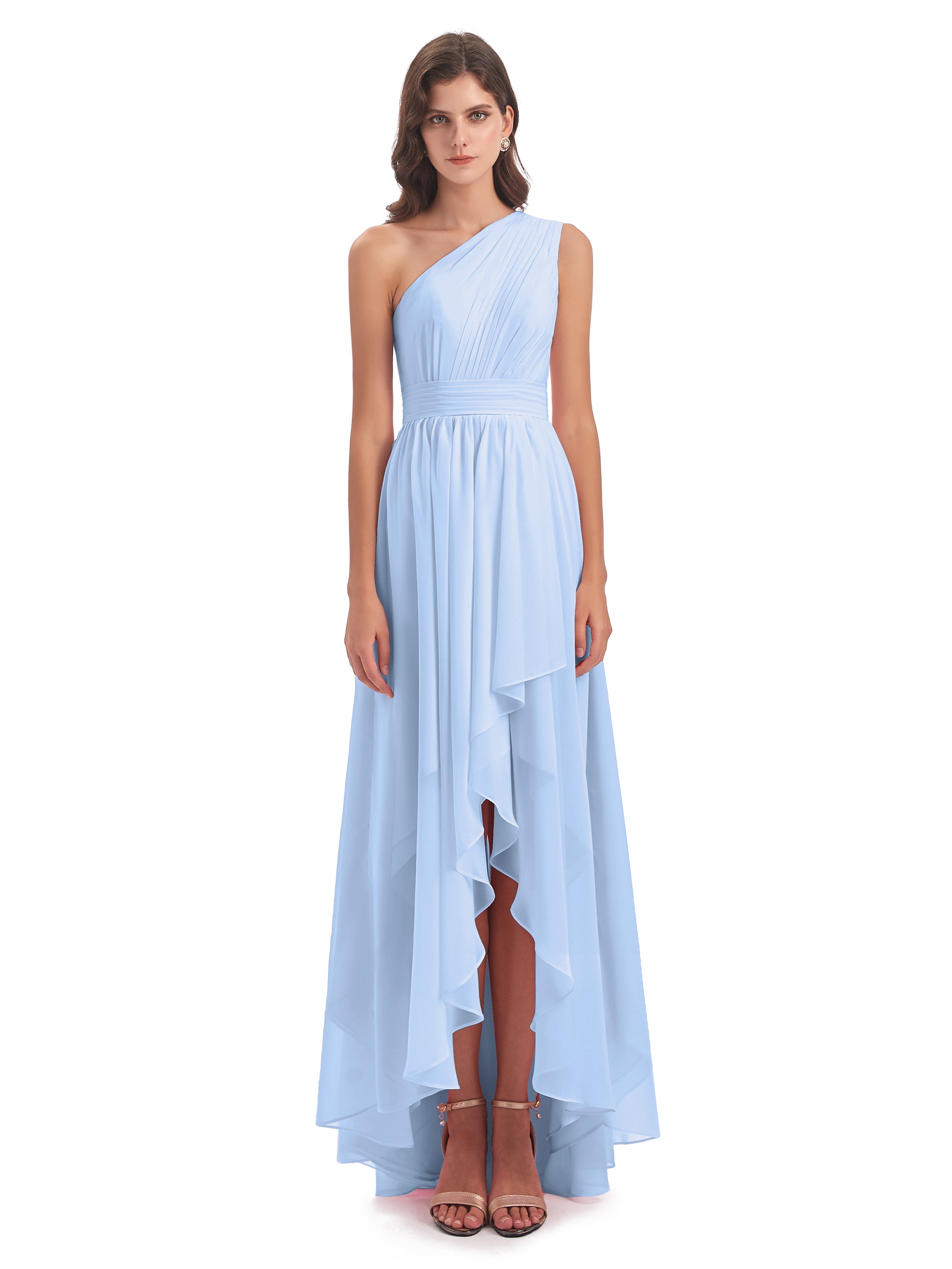 Robe Longue Bleu Ciel Demoiselle D Honneur Asymétrique Seule-Épaule Mousseline Robes Demoiselle D'Honneur