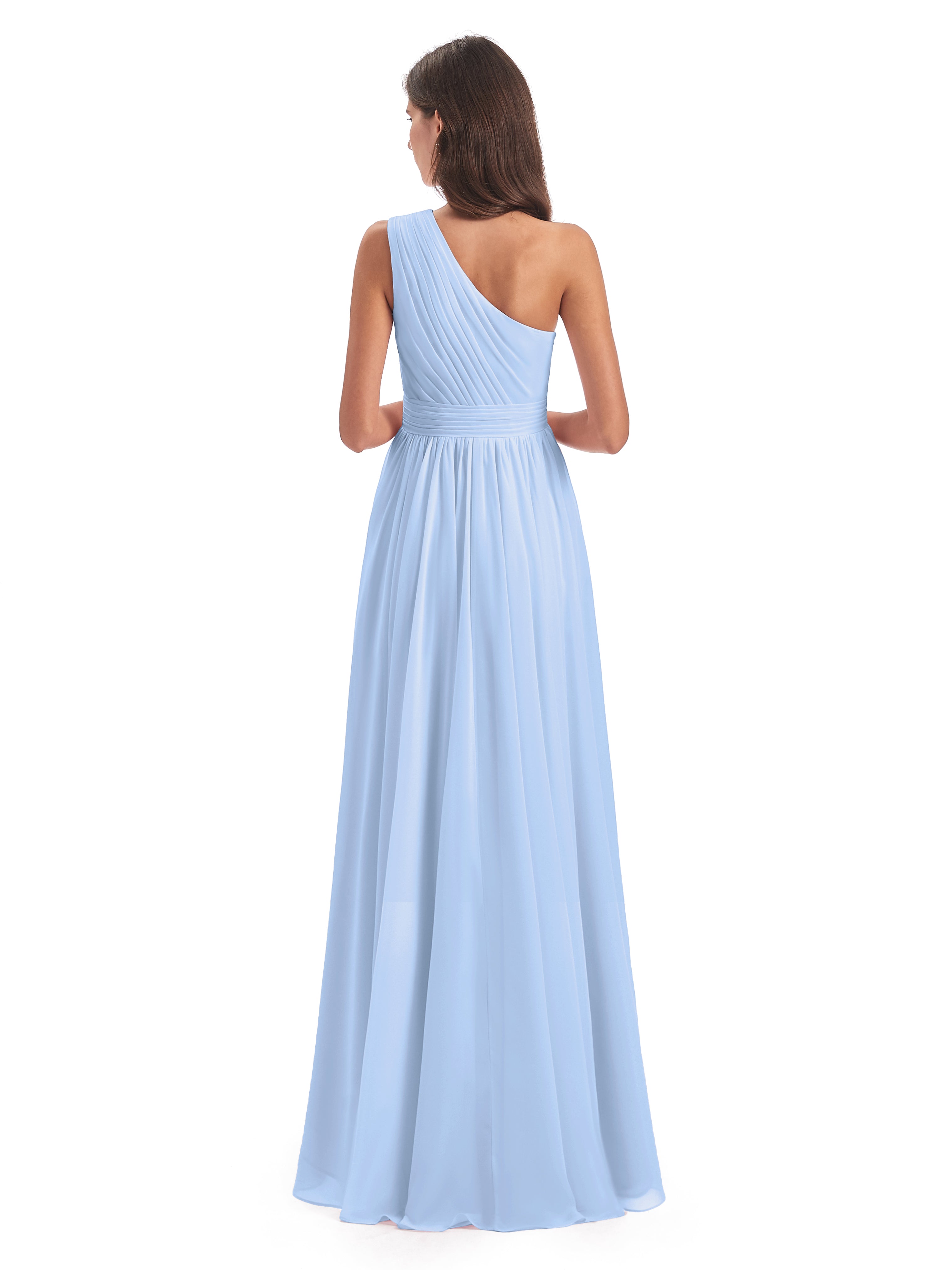 Robe Longue Bleu Ciel Demoiselle D Honneur Asymétrique Seule-Épaule Mousseline Robes Demoiselle D'Honneur