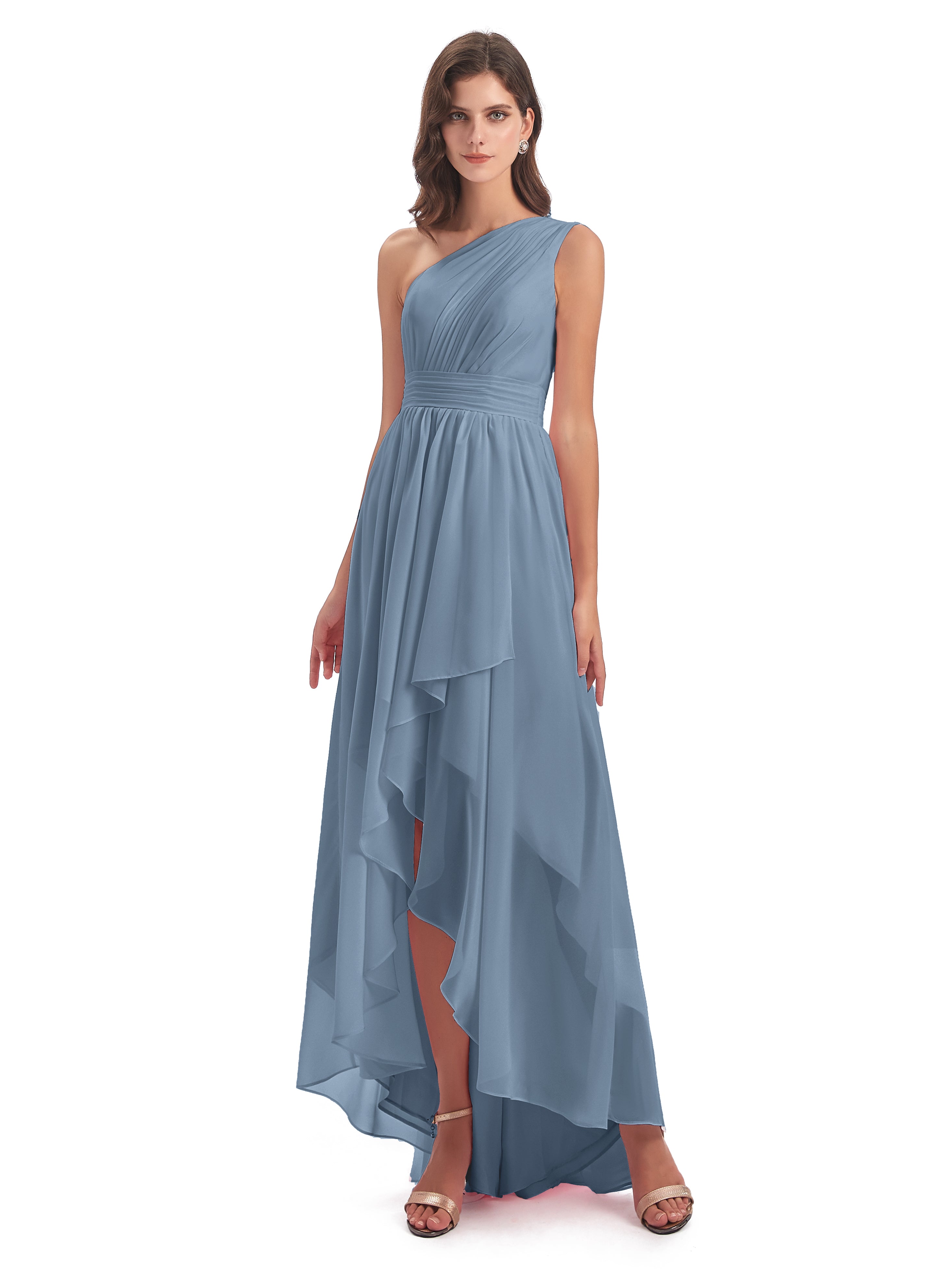 Robes De Demoiselle D'Honneur Bleu De Schiste Asymétrique Seule-Épaule Mousseline Robes Demoiselle D'Honneur