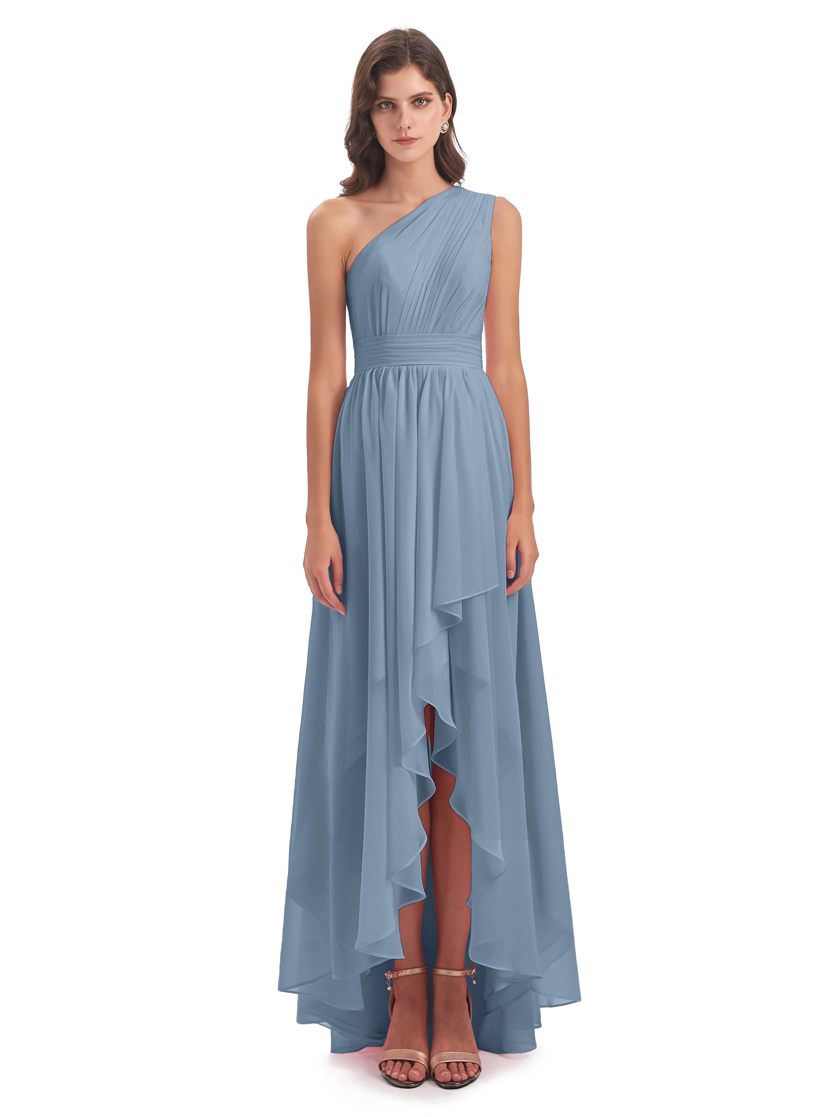 Robes De Demoiselle D'Honneur Bleu De Schiste Asymétrique Seule-Épaule Mousseline Robes Demoiselle D'Honneur