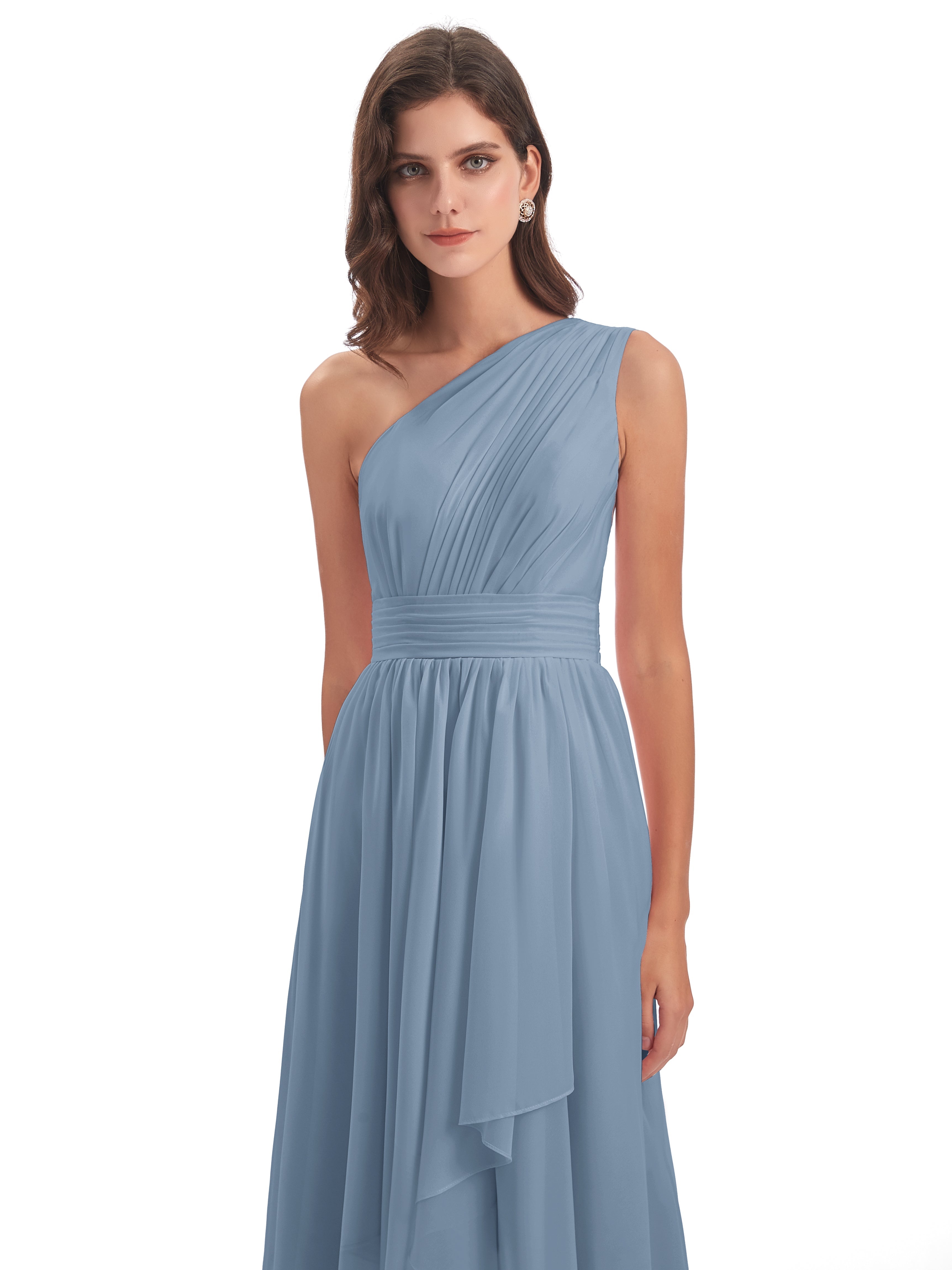 Robes De Demoiselle D'Honneur Bleu De Schiste Asymétrique Seule-Épaule Mousseline Robes Demoiselle D'Honneur