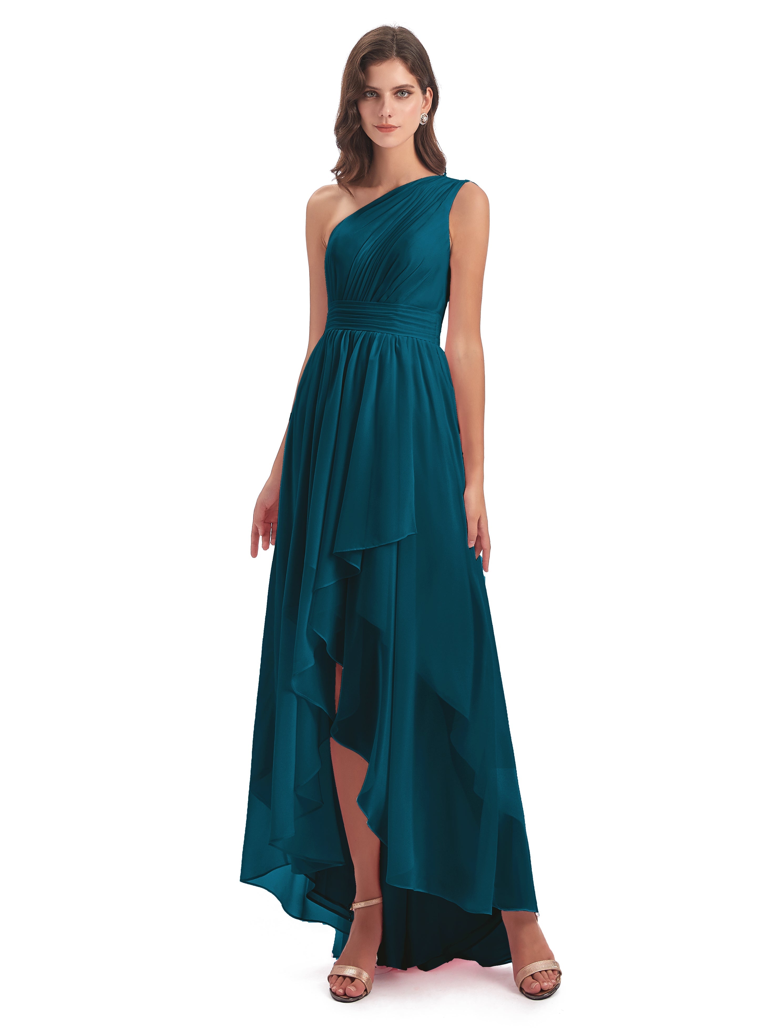 Robe De Demoiselle D'Honneur Bleu Encre Asymétrique Seule-Épaule Mousseline Robes Demoiselle D'Honneur