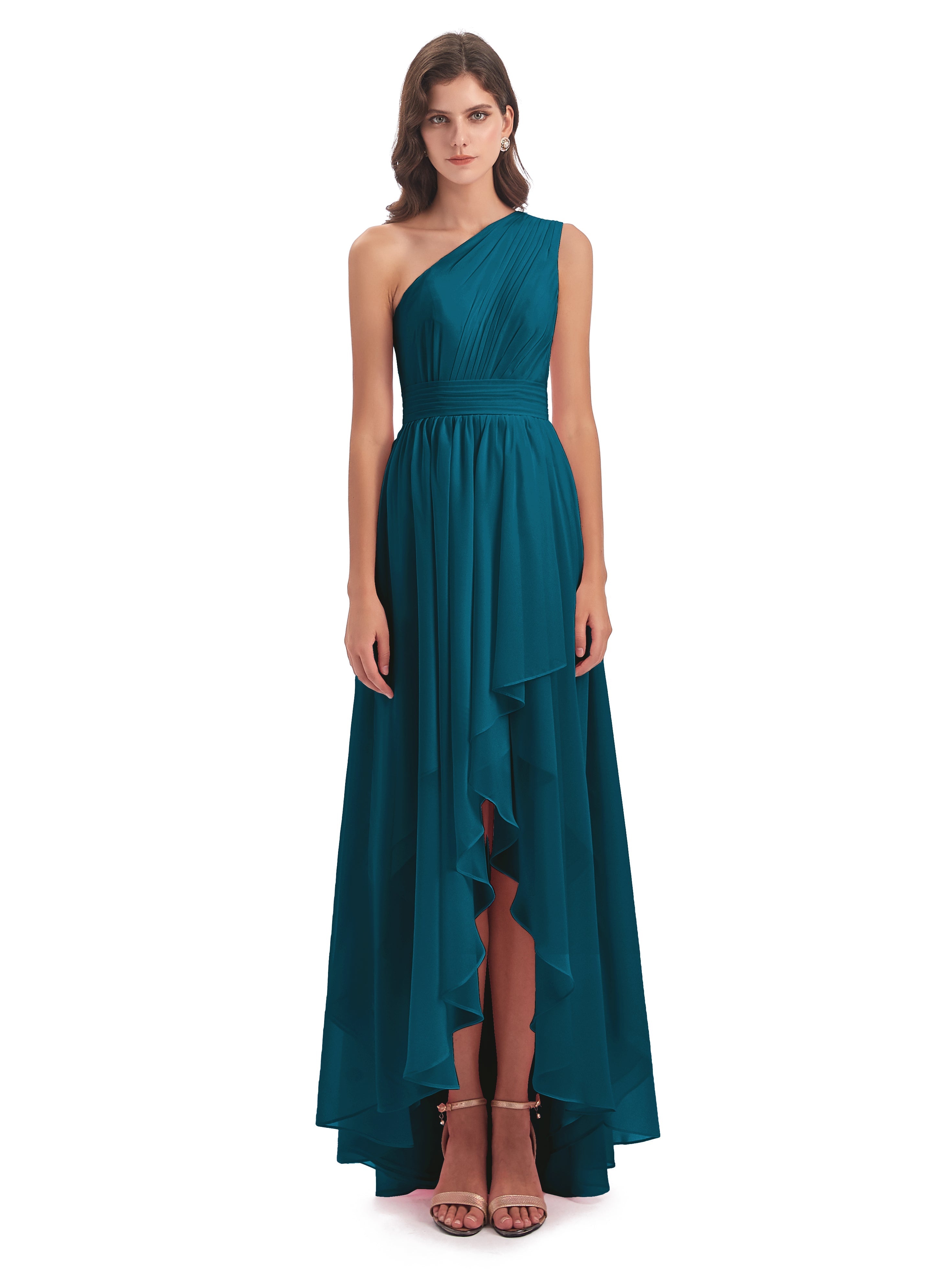 Robe De Demoiselle D'Honneur Bleu Encre Asymétrique Seule-Épaule Mousseline Robes Demoiselle D'Honneur