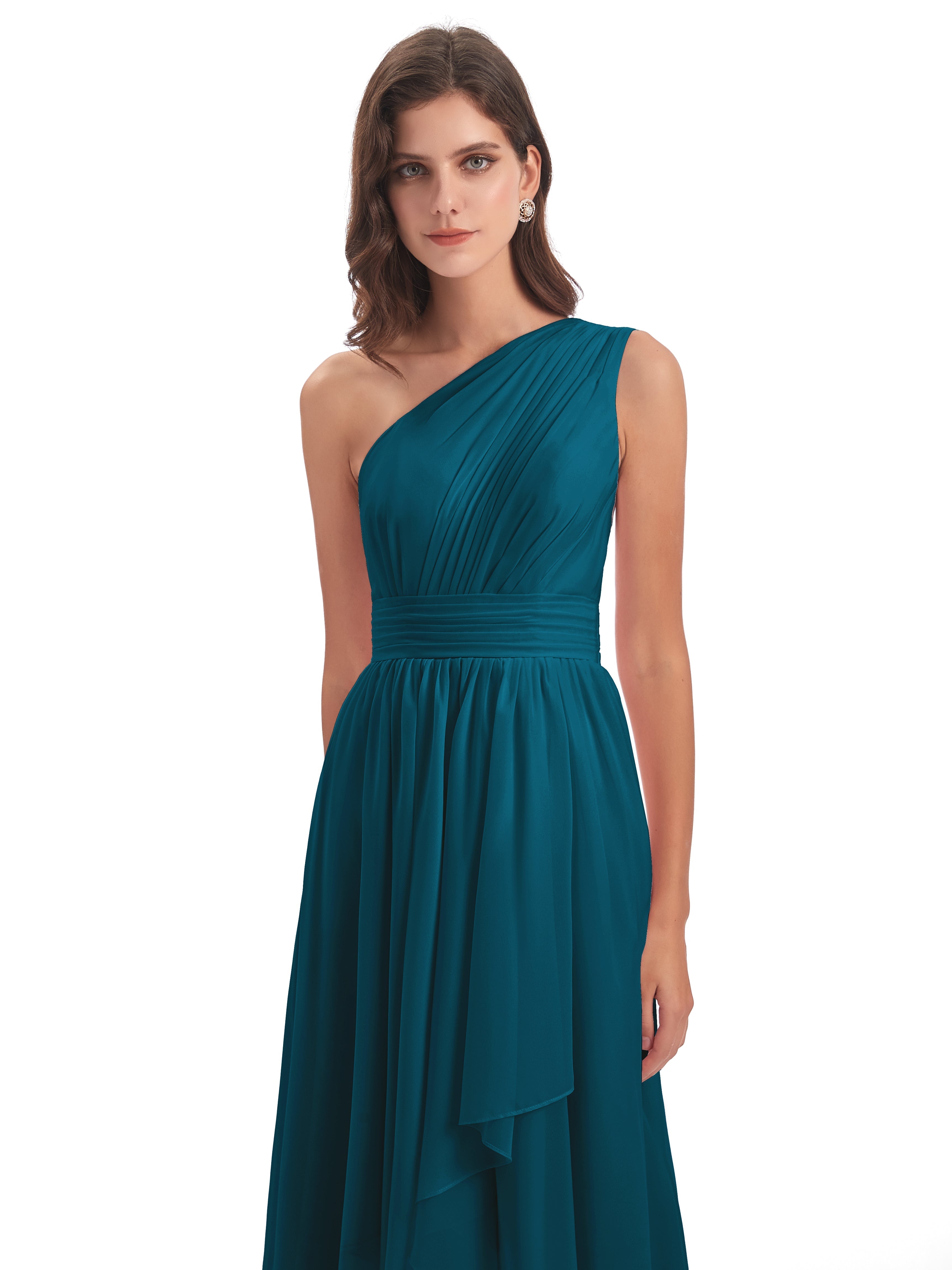 Robe De Demoiselle D'Honneur Bleu Encre Asymétrique Seule-Épaule Mousseline Robes Demoiselle D'Honneur
