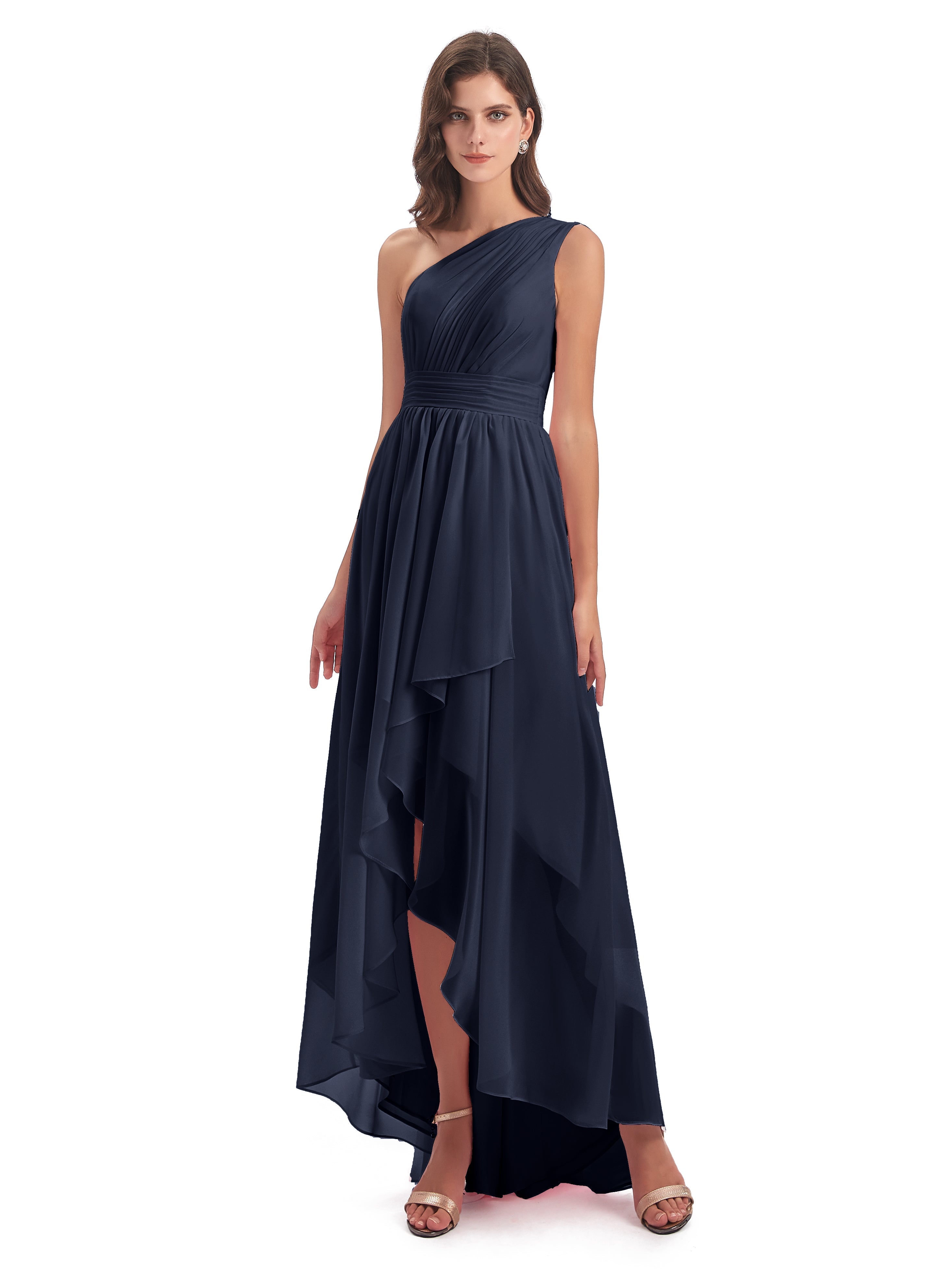 Robes De Demoiselle D'Honneur Bleu Marine Foncé Asymétrique Seule-Épaule Mousseline Robes Demoiselle D'Honneur