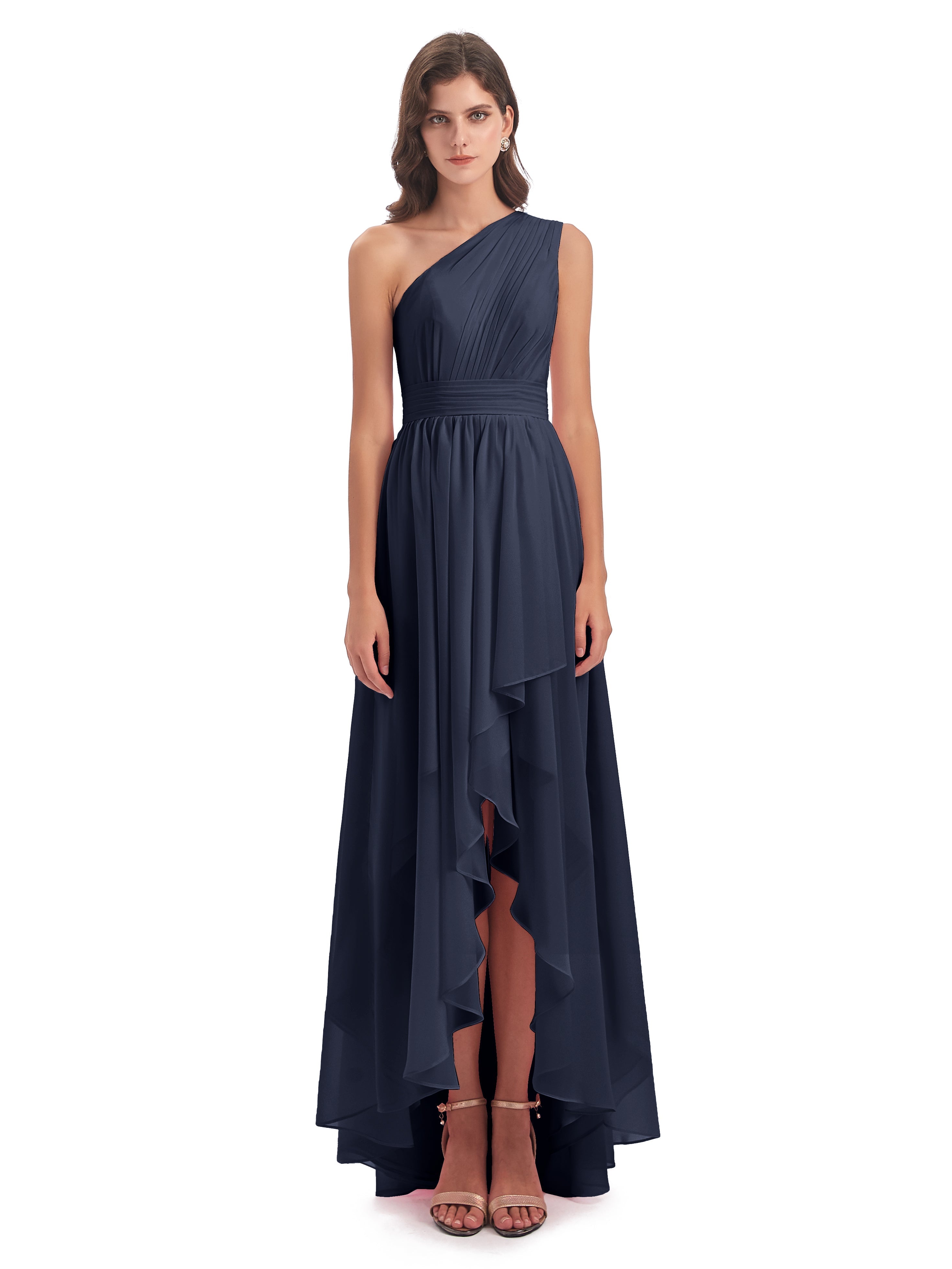 Robes De Demoiselle D'Honneur Bleu Marine Foncé Asymétrique Seule-Épaule Mousseline Robes Demoiselle D'Honneur