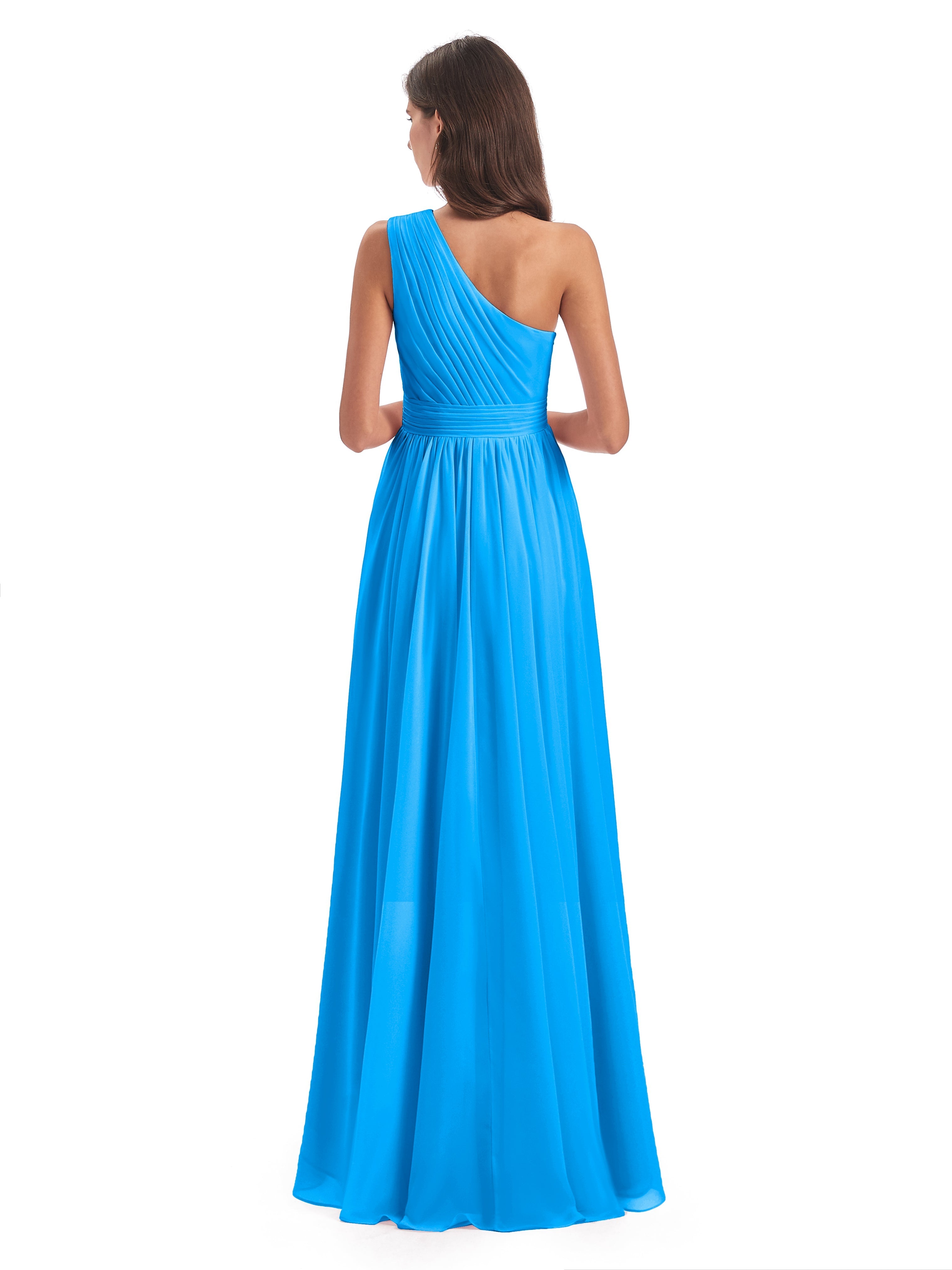 Robes De Demoiselle D'Honneur Bleu Océan Asymétrique Seule-Épaule Mousseline Robes Demoiselle D'Honneur
