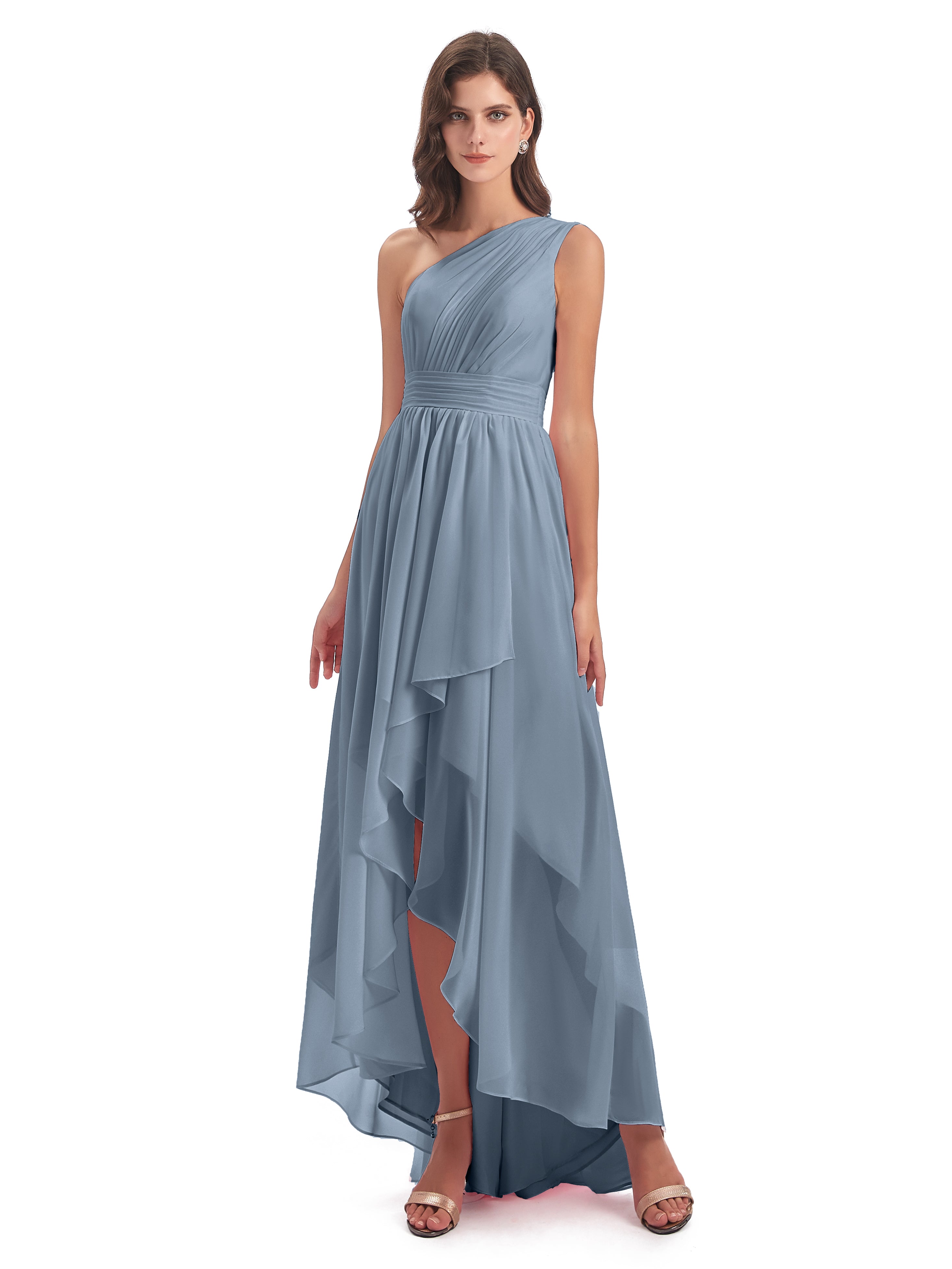 Robes De Demoiselle D'Honneur Bleu Poussiéreux Asymétrique Seule-Épaule Mousseline Robes Demoiselle D'Honneur