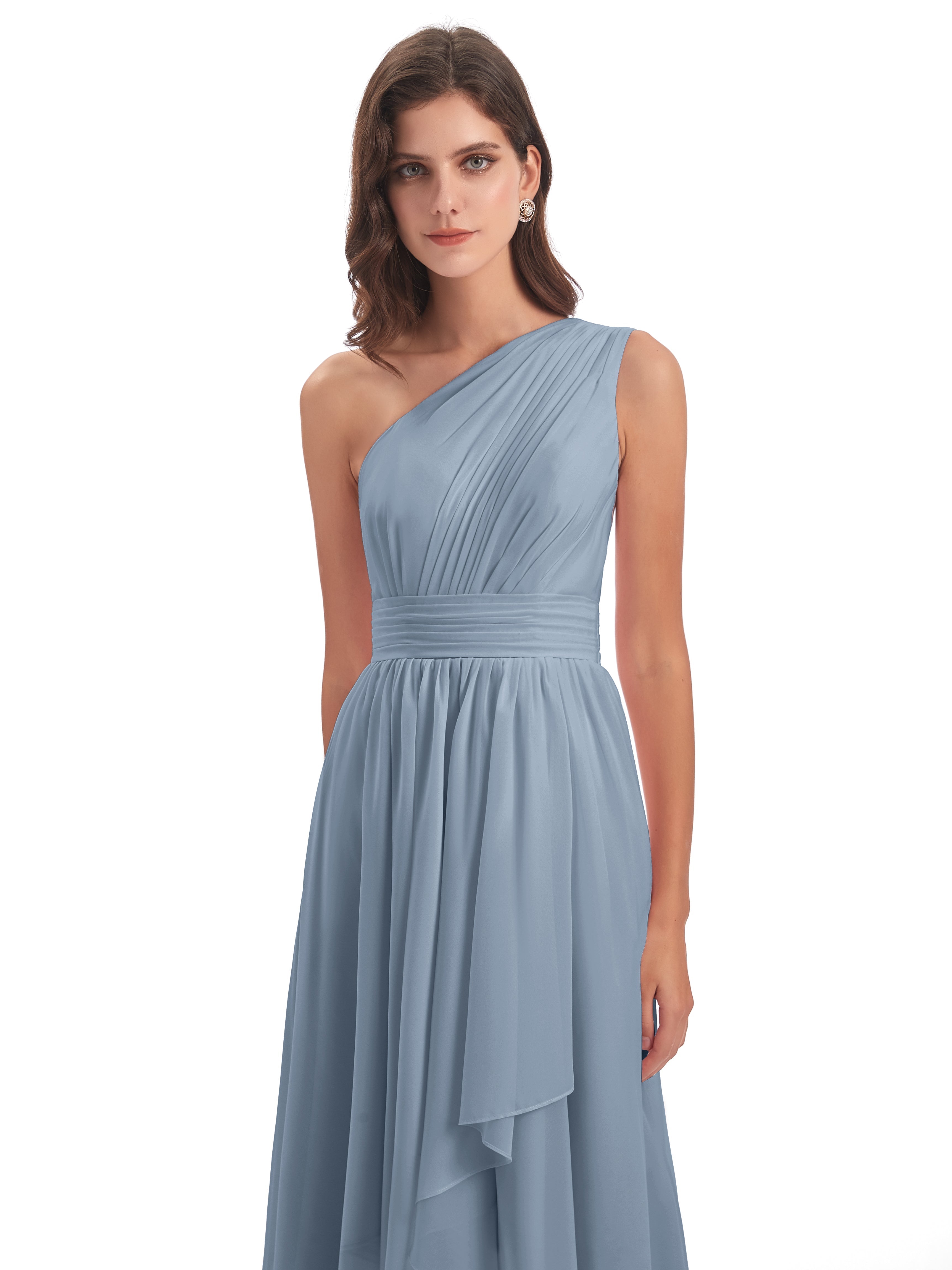 Robes De Demoiselle D'Honneur Bleu Poussiéreux Asymétrique Seule-Épaule Mousseline Robes Demoiselle D'Honneur