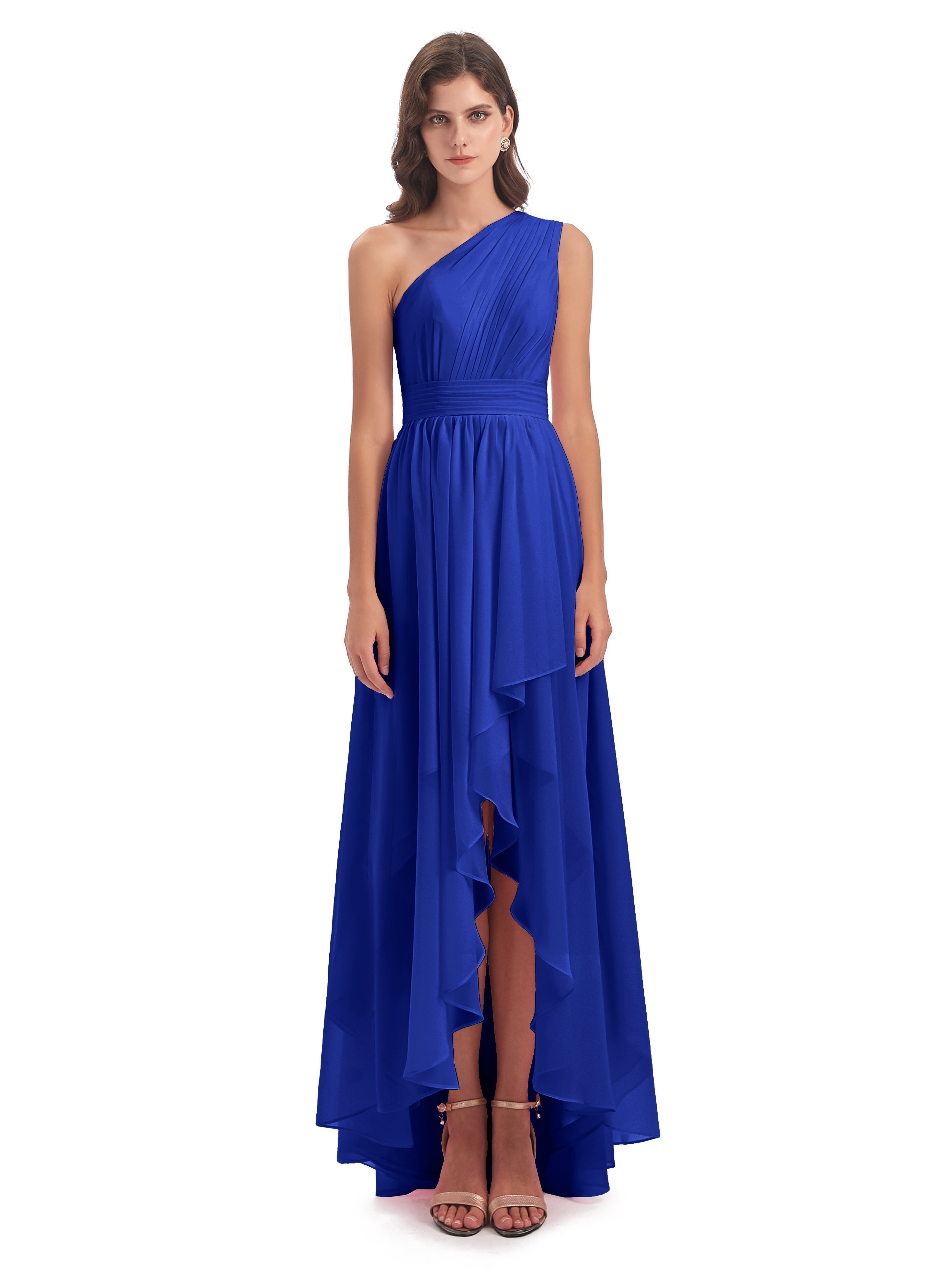 Robe De Demoiselle D Honneur Bleu Royal Asymétrique Seule-Épaule Mousseline Robes Demoiselle D'Honneur