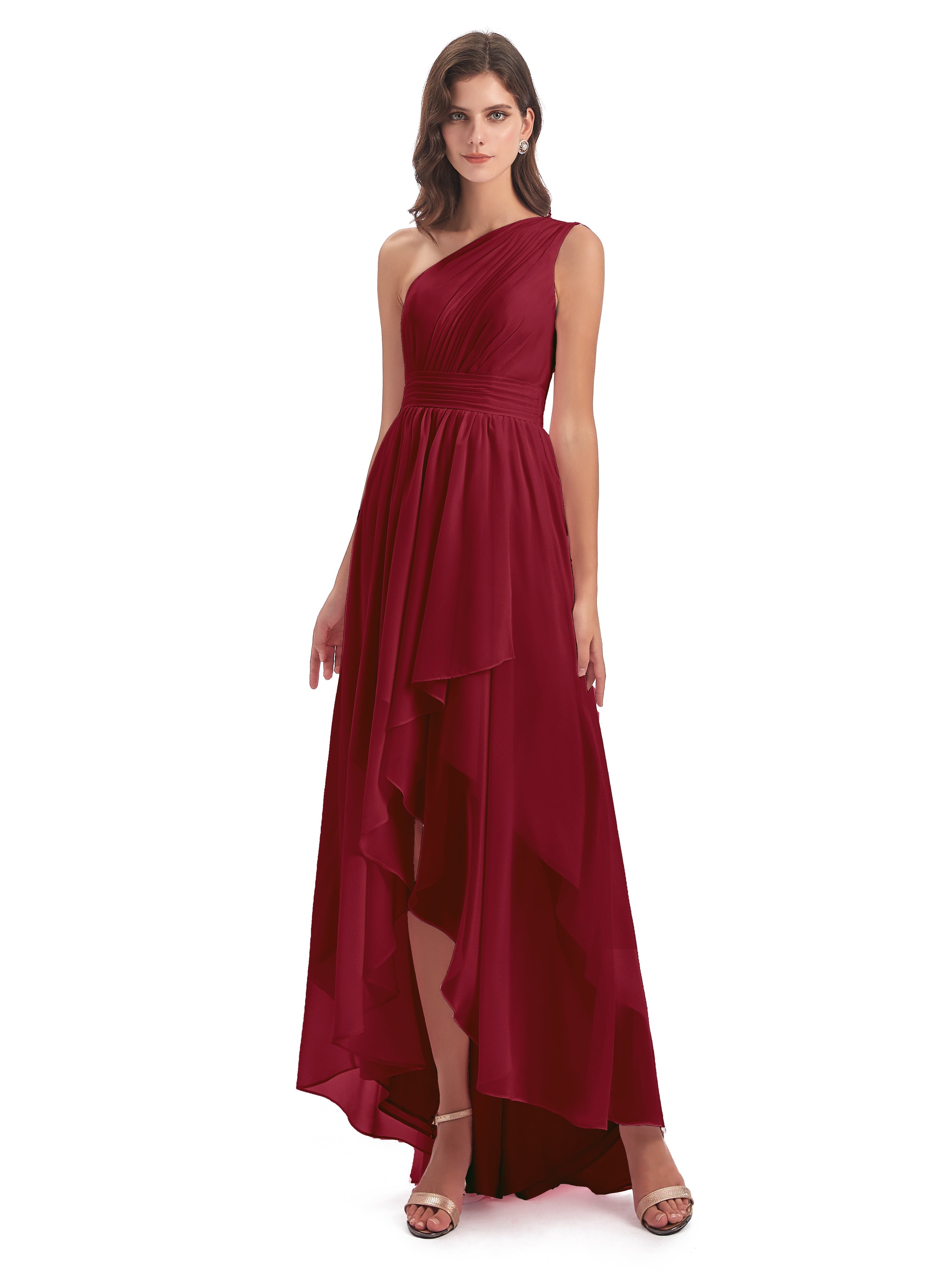 Robe Demoiselle D Honneur Bordeaux Asymétrique Seule-Épaule Mousseline Robes Demoiselle D'Honneur
