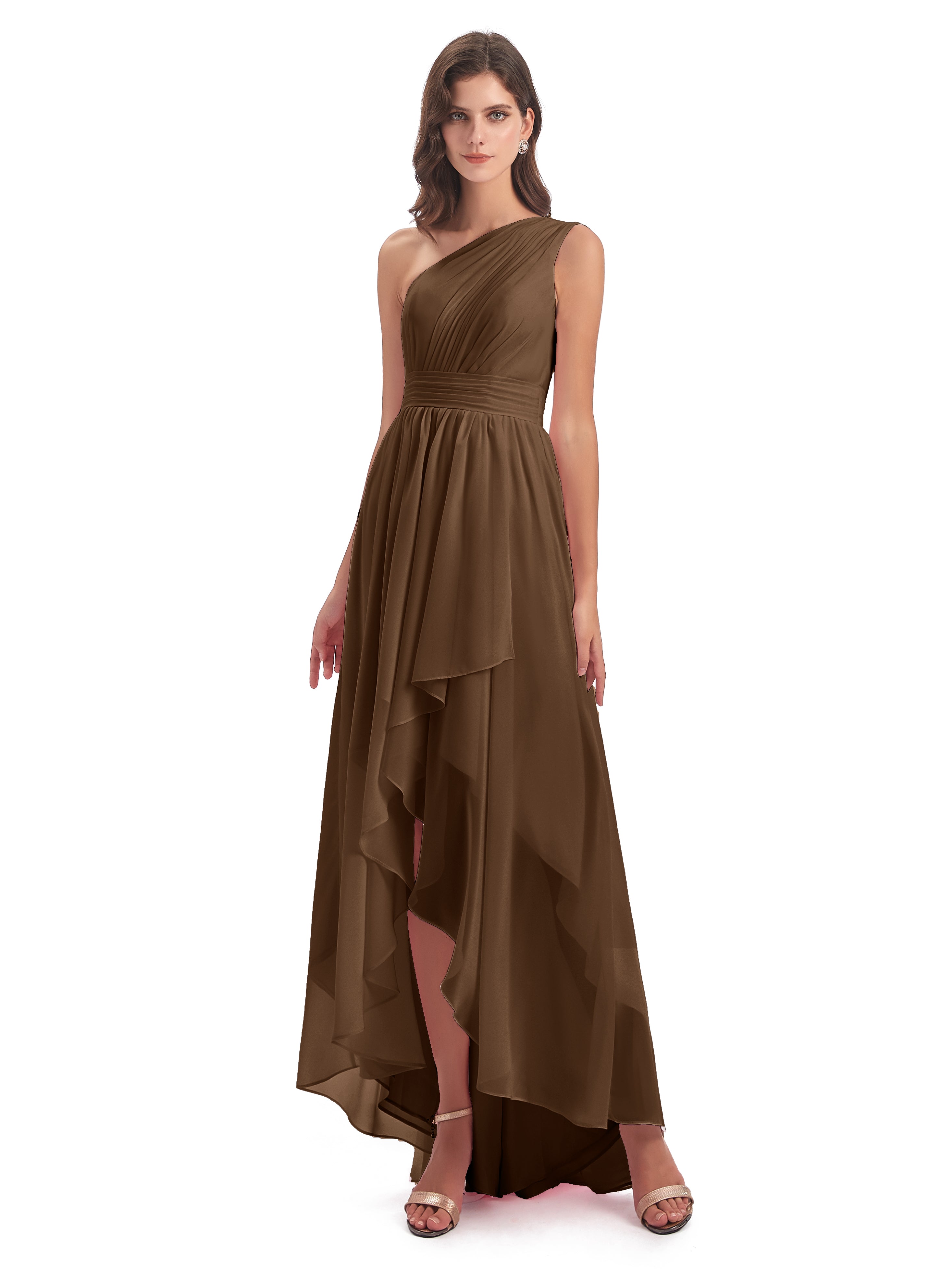 Robes De Demoiselle D'Honneur Brun Asymétrique Seule-Épaule Mousseline Robes Demoiselle D'Honneur