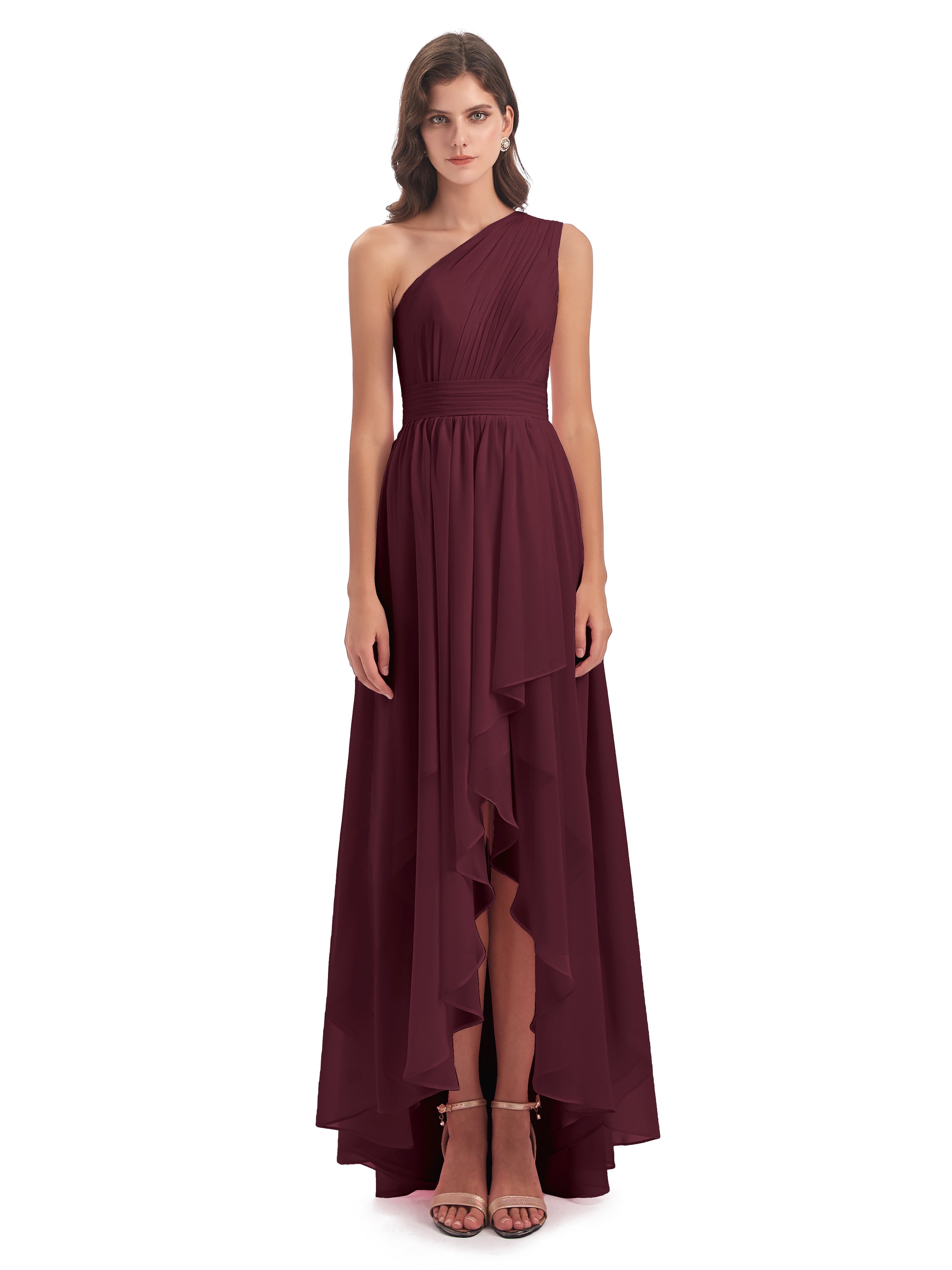 Robes De Demoiselle D'Honneur Cabernet Asymétrique Seule-Épaule Mousseline Robes Demoiselle D'Honneur
