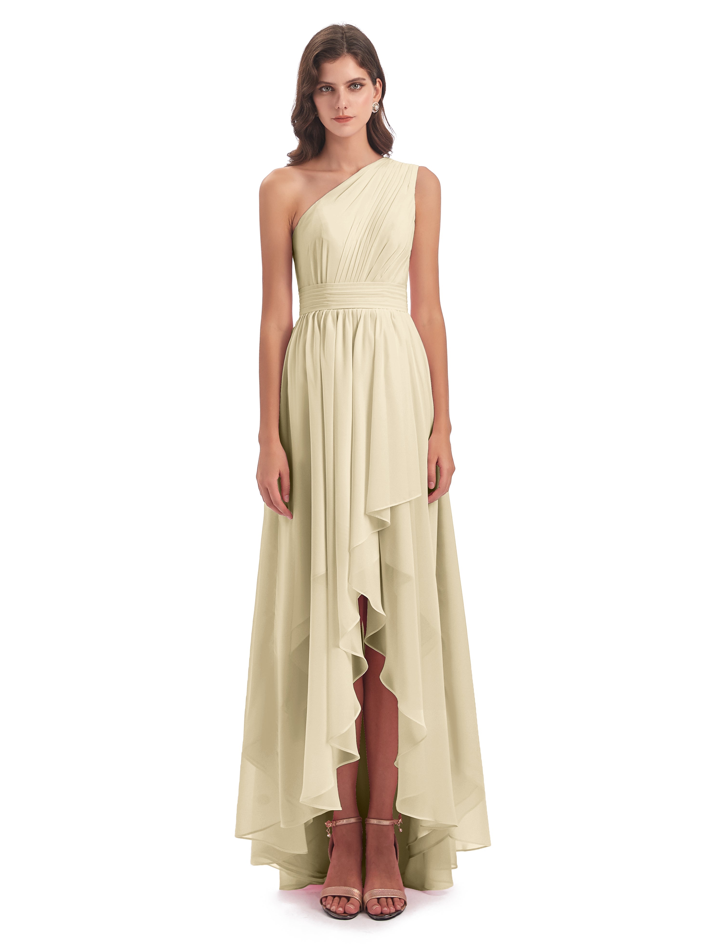 Robe Demoiselle D Honneur Couleur Champagne Asymétrique Seule-Épaule Mousseline Robes Demoiselle D'Honneur
