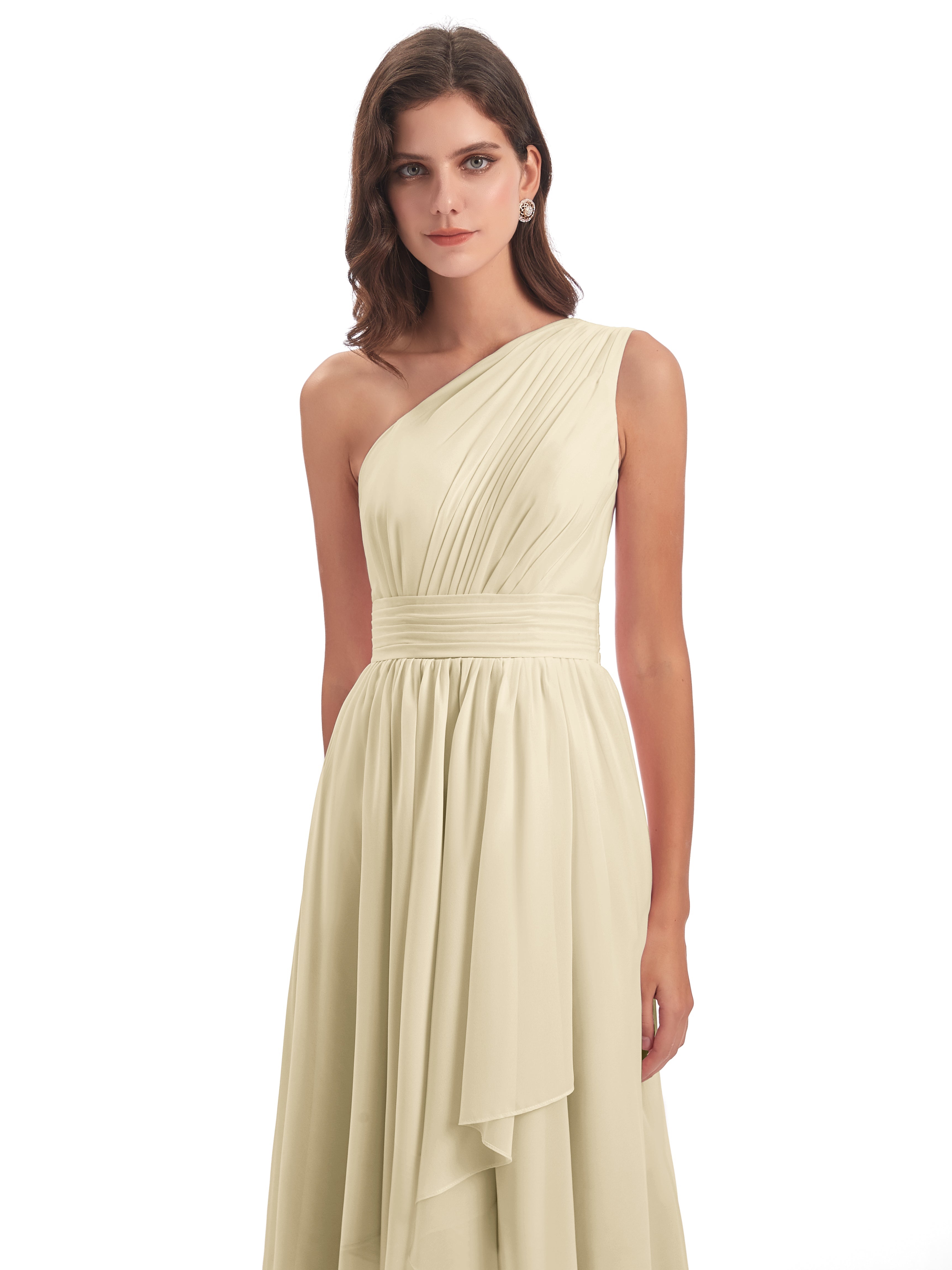 Robe Demoiselle D Honneur Couleur Champagne Asymétrique Seule-Épaule Mousseline Robes Demoiselle D'Honneur