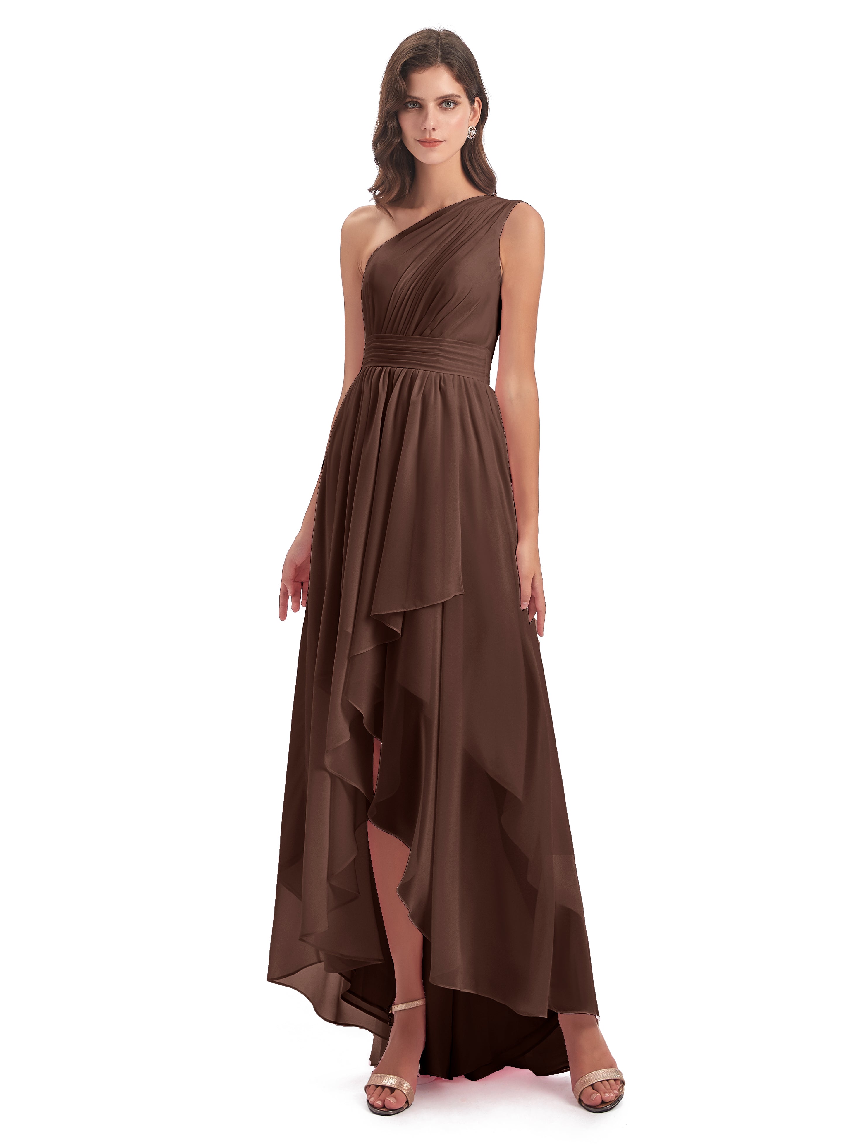 Robes De Demoiselle D'Honneur En Chocolat Asymétrique Seule-Épaule Mousseline Robes Demoiselle D'Honneur