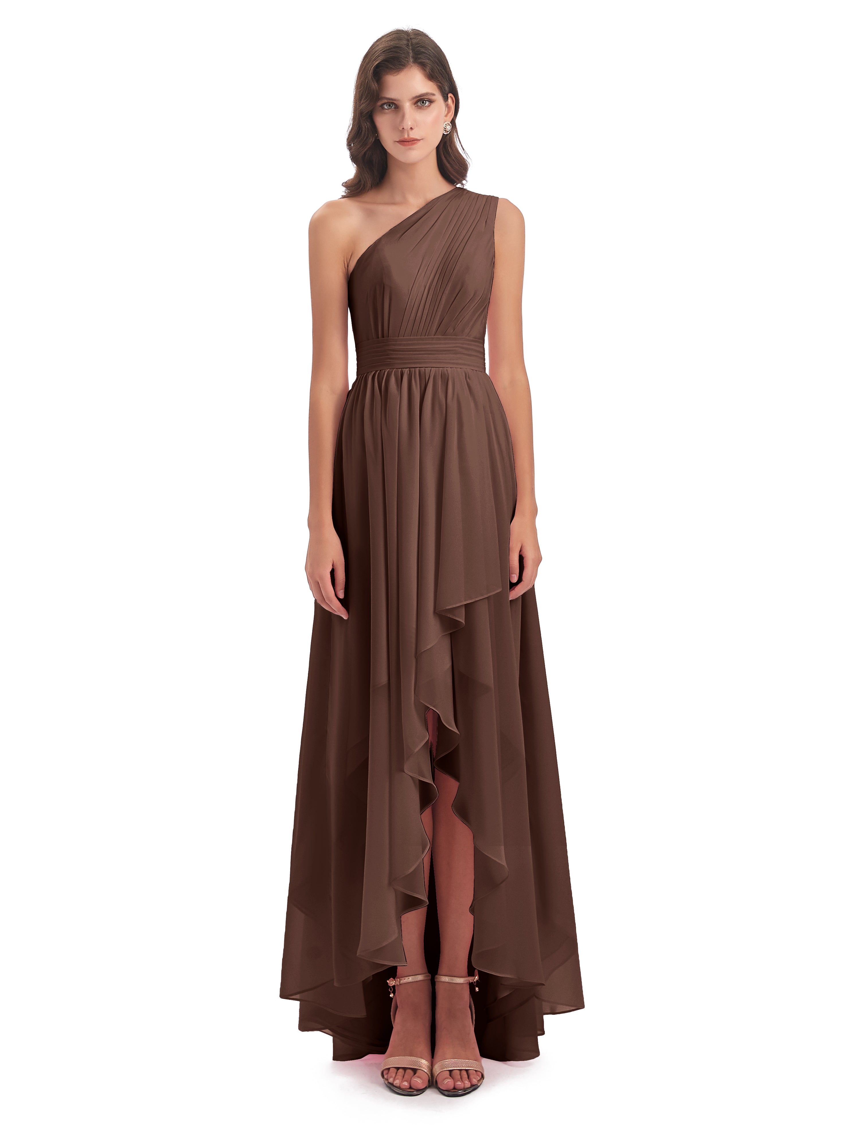 Robes De Demoiselle D'Honneur En Chocolat Asymétrique Seule-Épaule Mousseline Robes Demoiselle D'Honneur